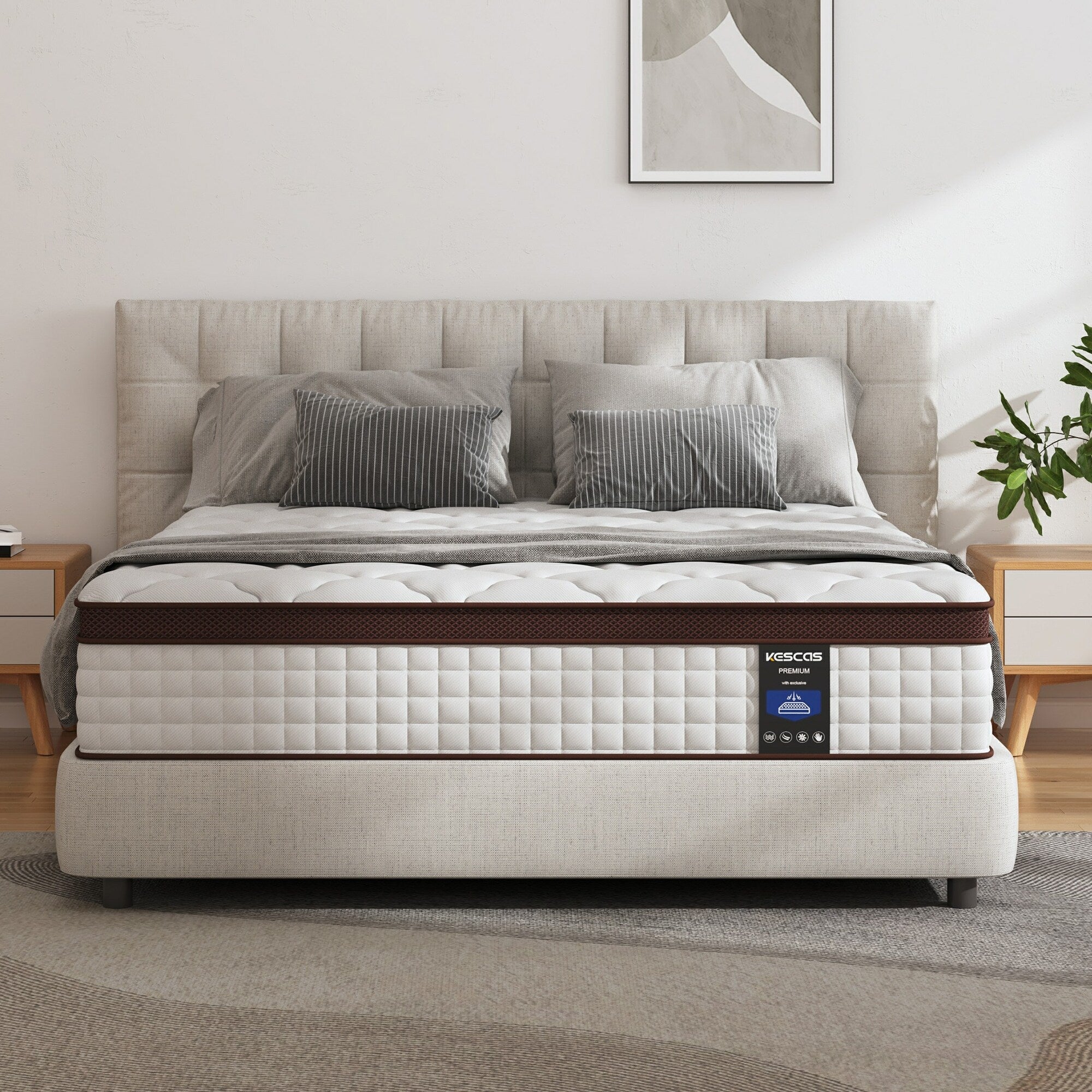 Matelas hybride 14 pouces, mousse à mémoire de forme et ressorts ensachés, fermeté moyenne, tailles Queen et King en option