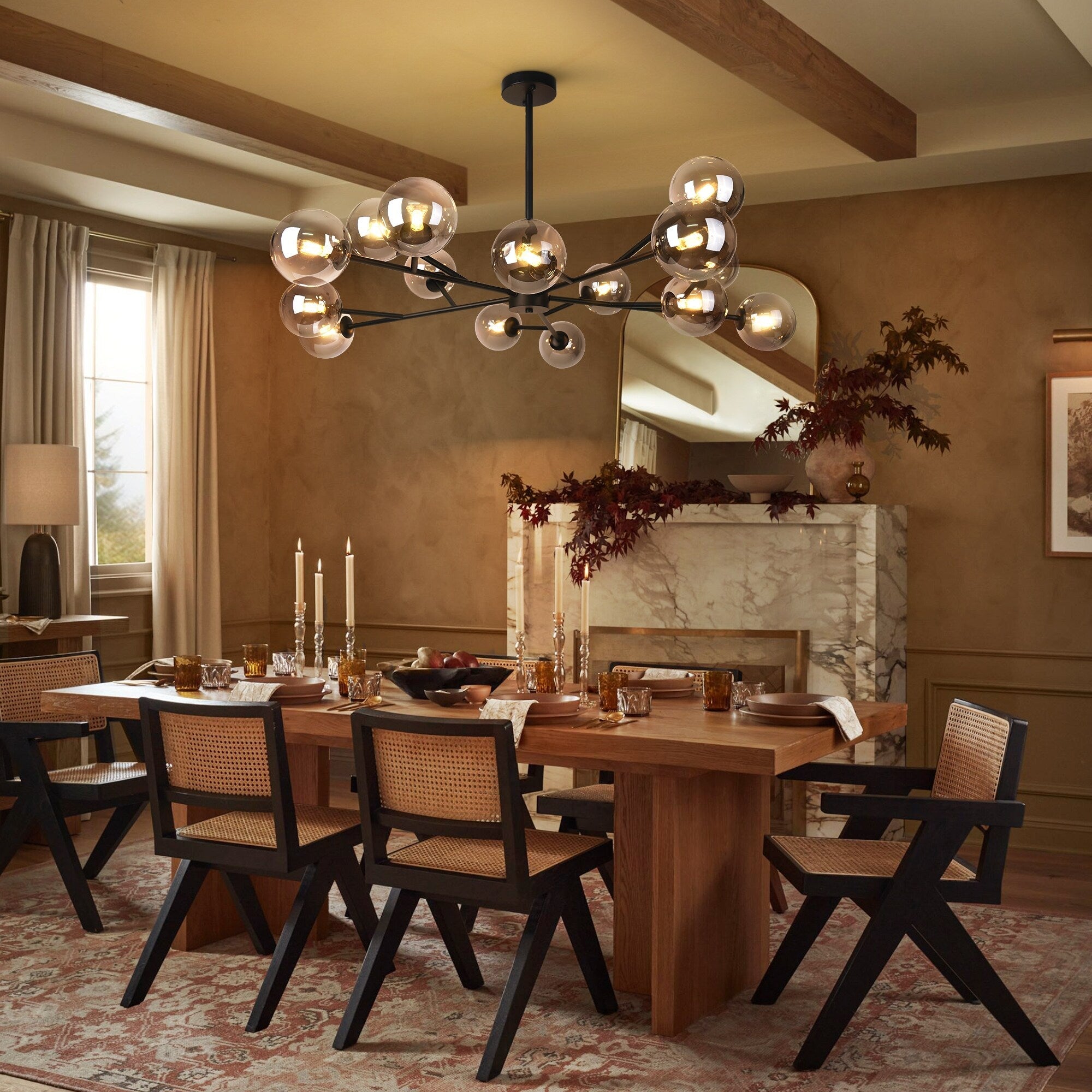 Lustre linéaire moderne à 15 lumières pour îlot de cuisine Sputnik avec branches et globes en verre