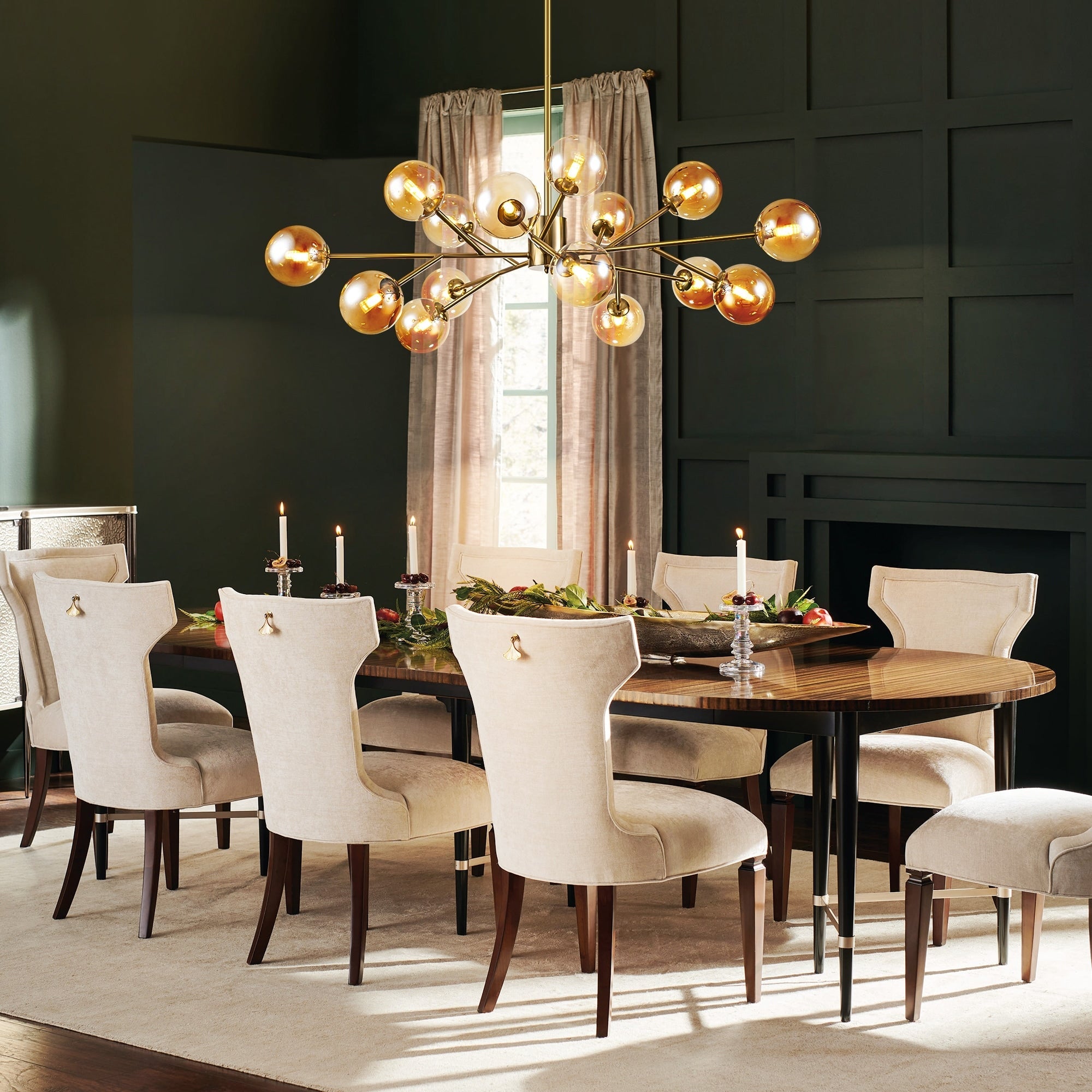 Lustre linéaire moderne à 15 lumières pour îlot de cuisine Sputnik avec branches et globes en verre