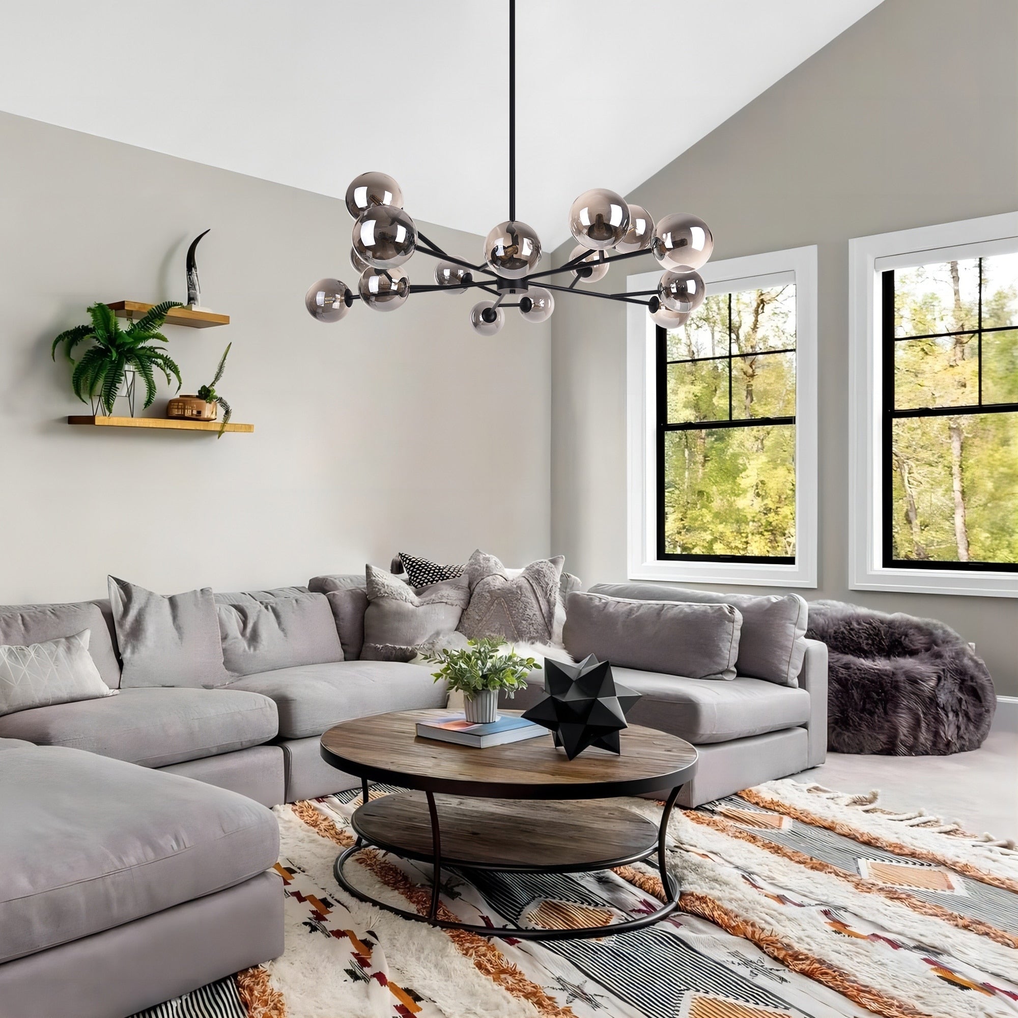 Lustre linéaire moderne à 15 lumières pour îlot de cuisine Sputnik avec branches et globes en verre