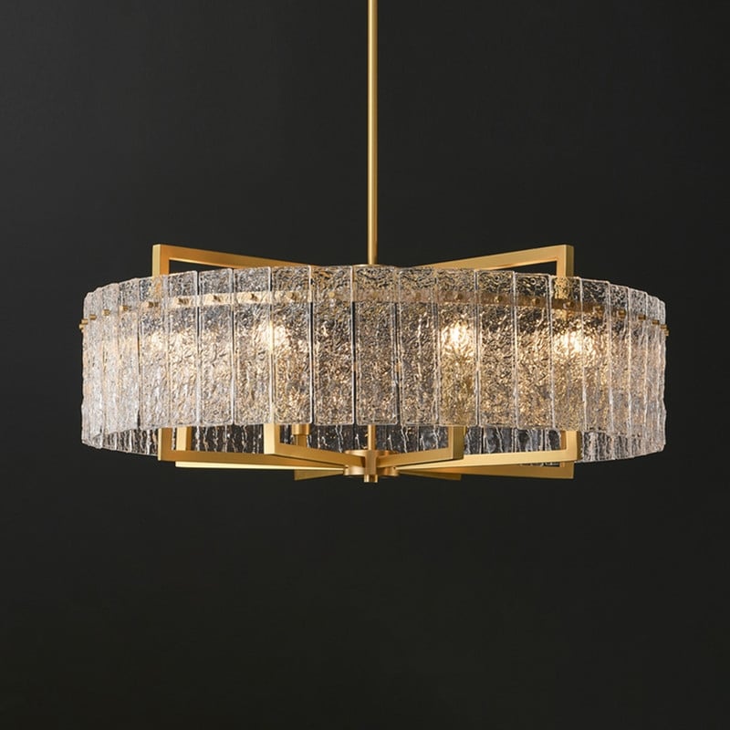 Lustre tambour moderne en cristal doré de 66 cm, 6 lumières, à intensité variable, style glamour, pour îlot de cuisine avec verre dépoli, pour salle à manger