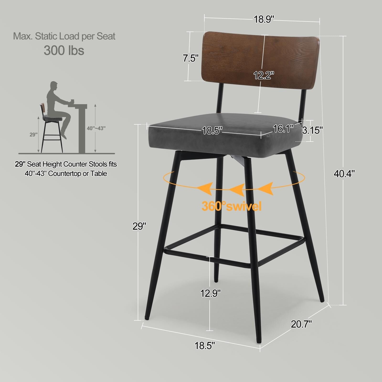 Lot de 2/3/4 tabourets de bar/comptoir pivotants rembourrés en similicuir