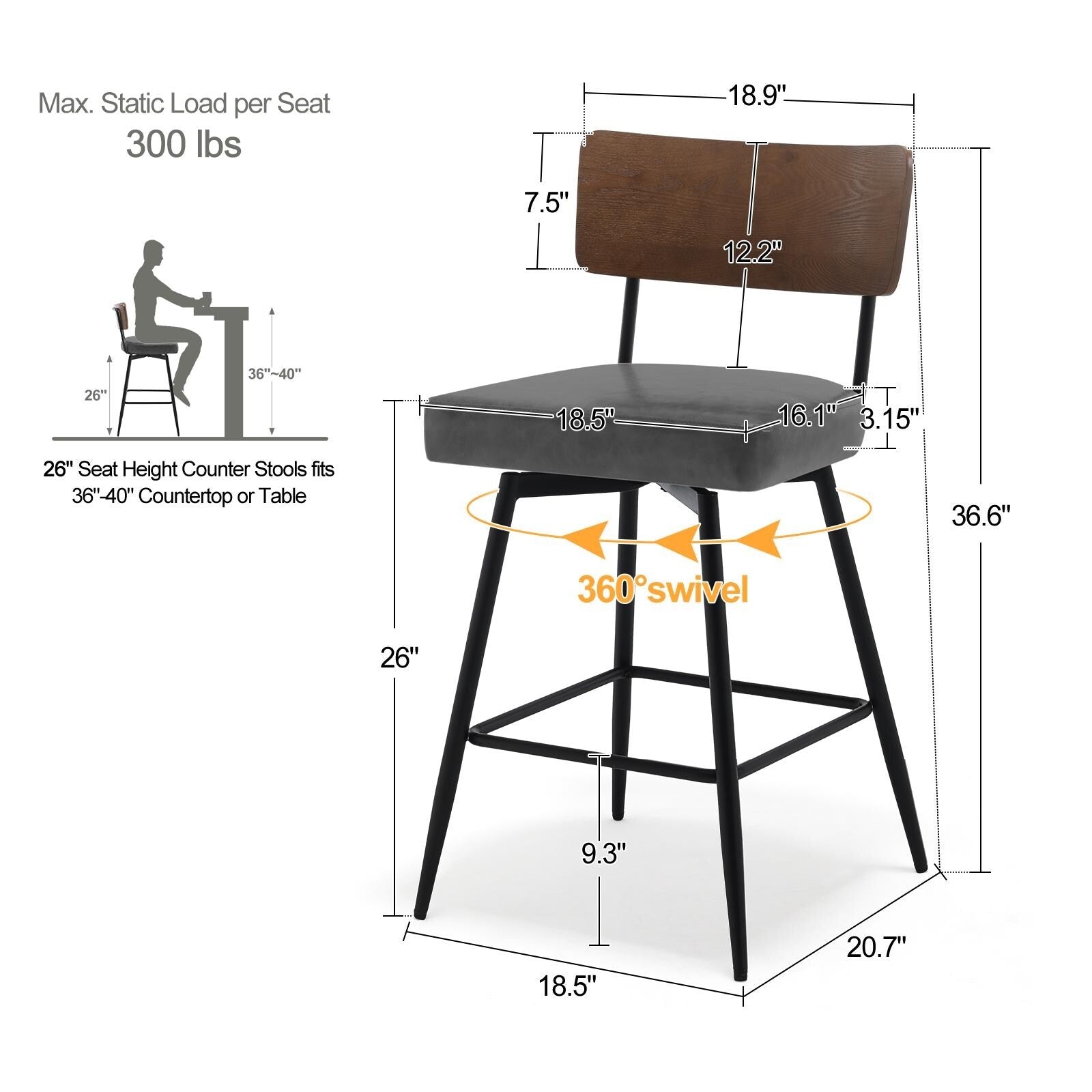 Lot de 2/3/4 tabourets de bar/comptoir pivotants rembourrés en similicuir