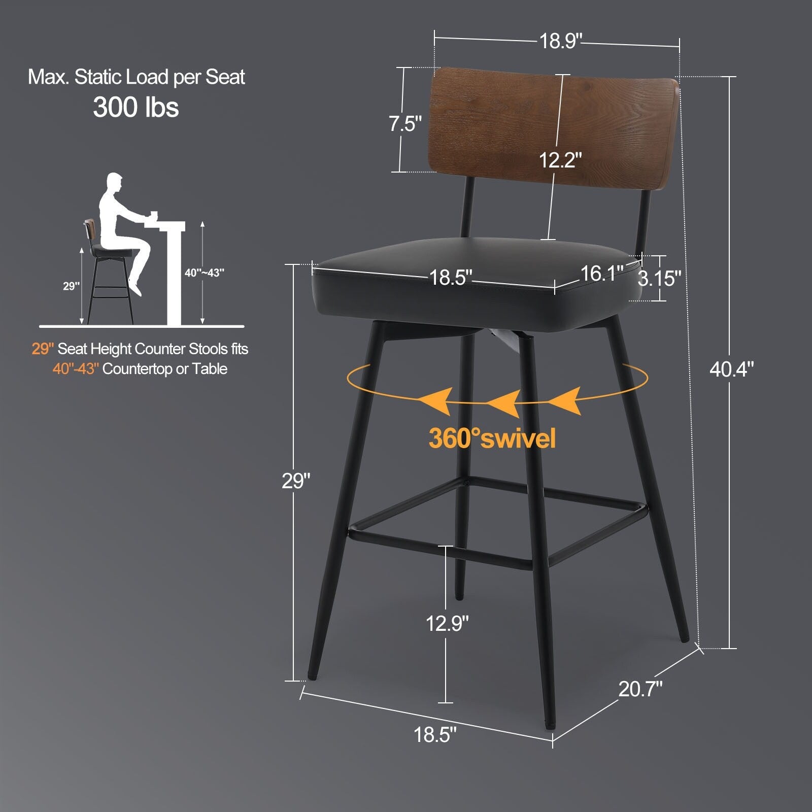 Lot de 2/3/4 tabourets de bar/comptoir pivotants rembourrés en similicuir