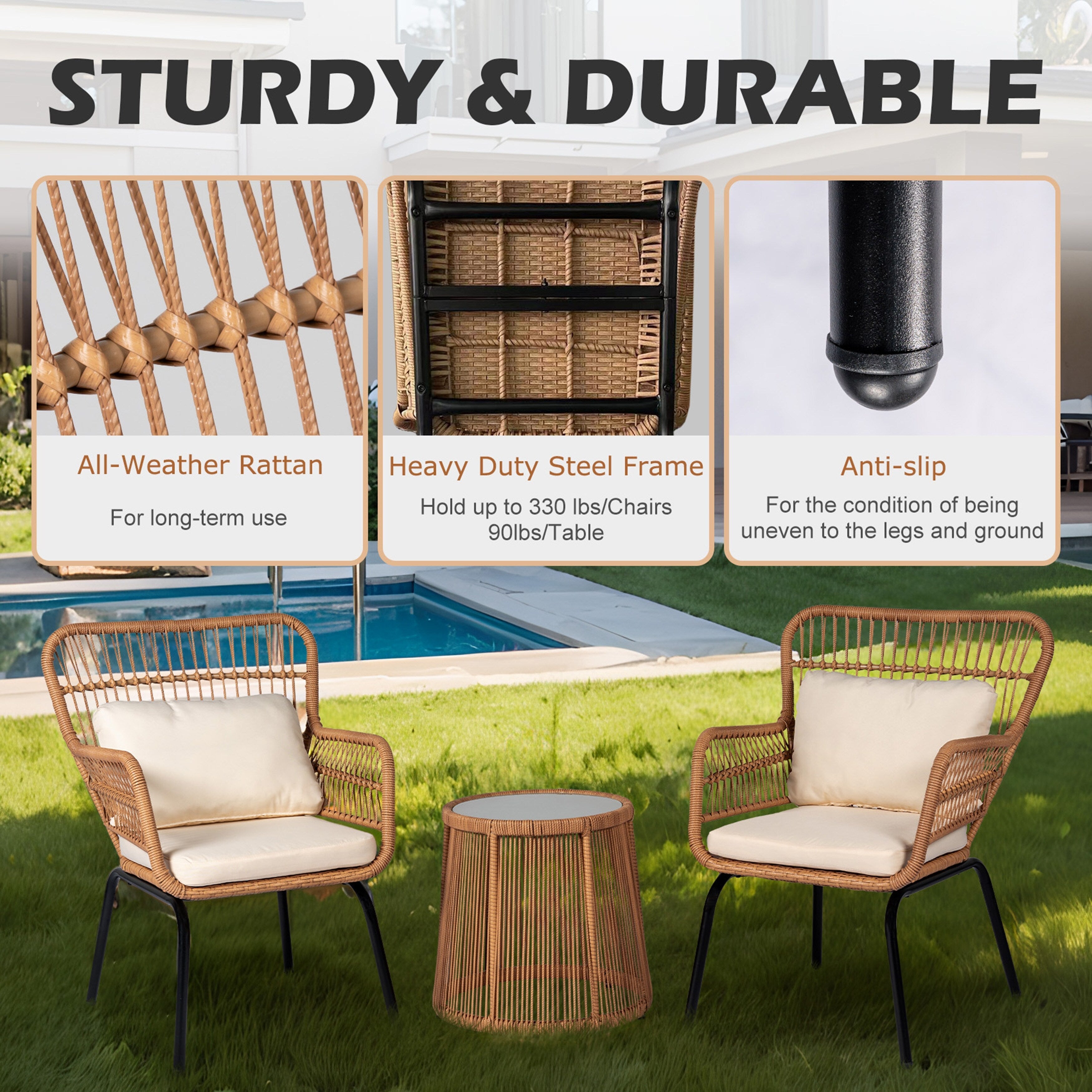 Ensemble de bistrot d'extérieur 3 pièces en osier, mobilier de jardin en rotin toutes saisons, chaises de patio avec coussins
