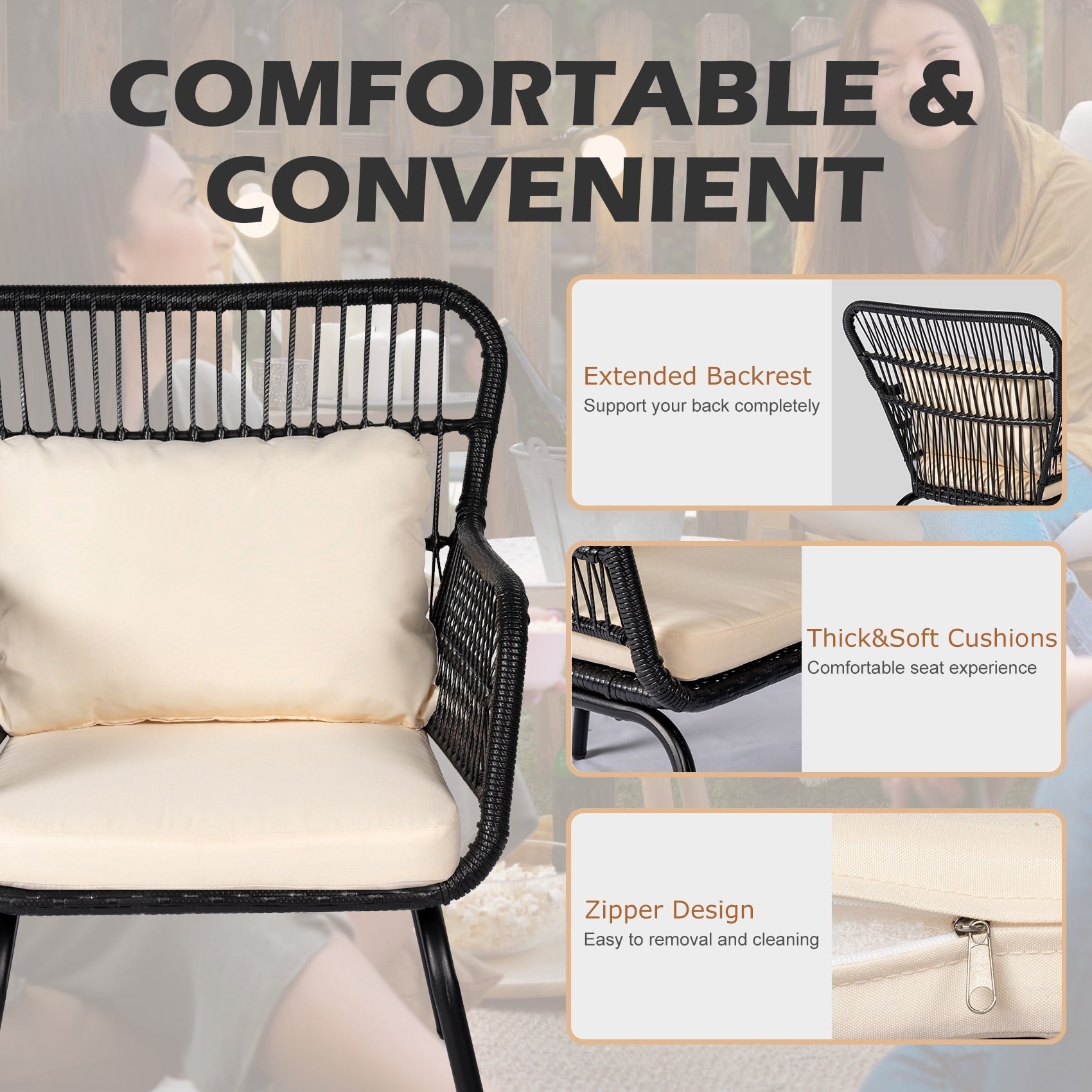 Ensemble de bistrot d'extérieur 3 pièces en osier, mobilier de jardin en rotin toutes saisons, chaises de patio avec coussins