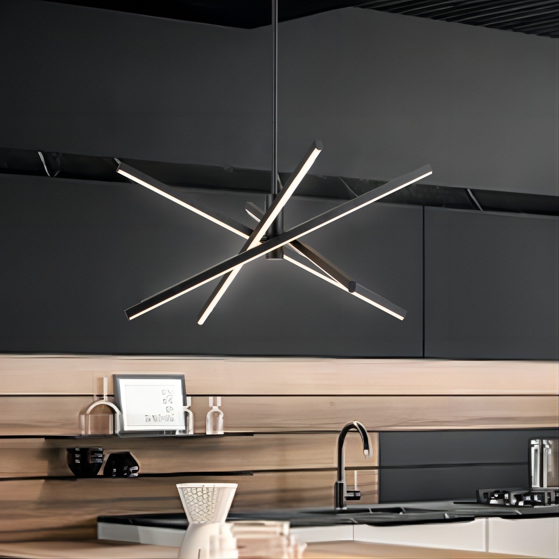 Lustre LED moderne en aluminium noir/doré, plafonnier linéaire Spoutnik pour salon/salle à manger/cuisine