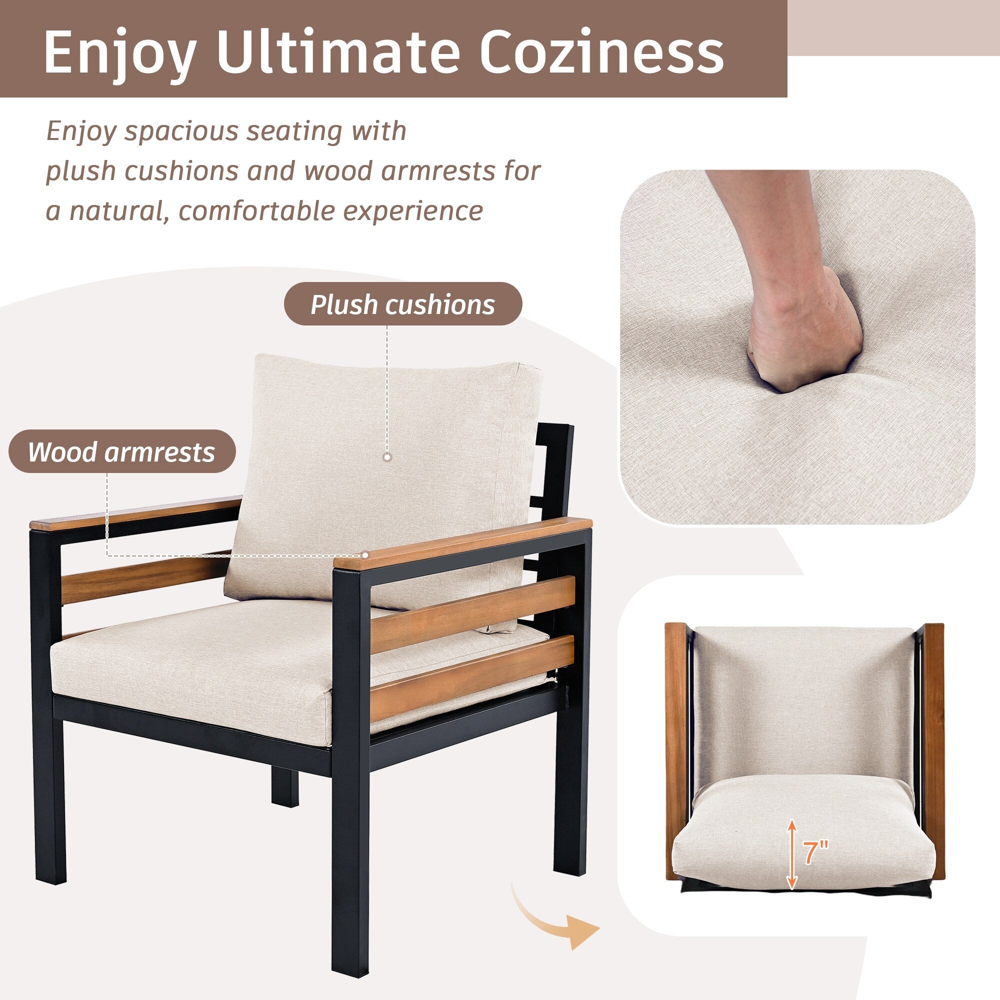 Ensemble de canapés d'extérieur 4 pièces pour 5 personnes avec coussin amovible et table basse en bois massif