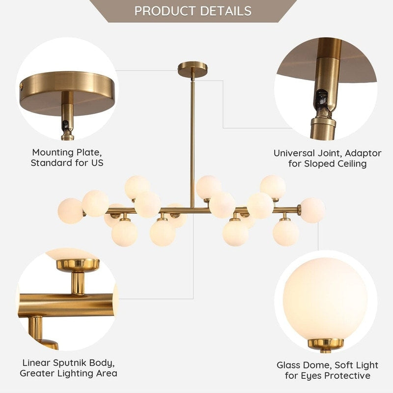 Lustre linéaire moderne du milieu du siècle de 40 po, suspension Spoutnik à 16 ampoules en laiton doré avec globe en verre dépoli pour salle à manger