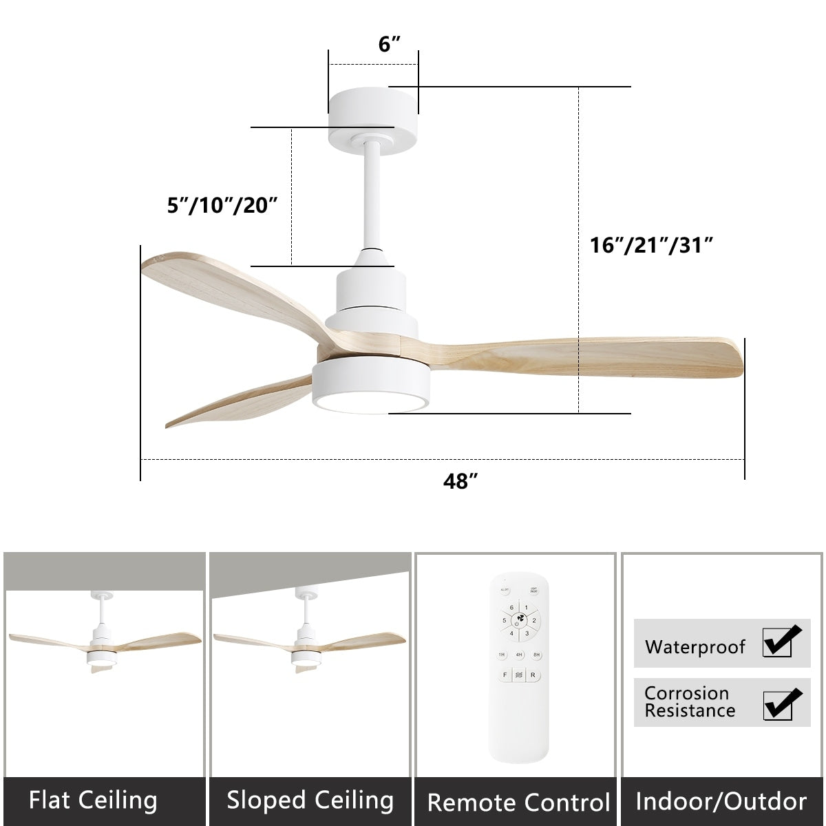 Ventilateur de plafond à LED intégré 48 et 52 pouces avec lumière et télécommande, moteur CC réversible