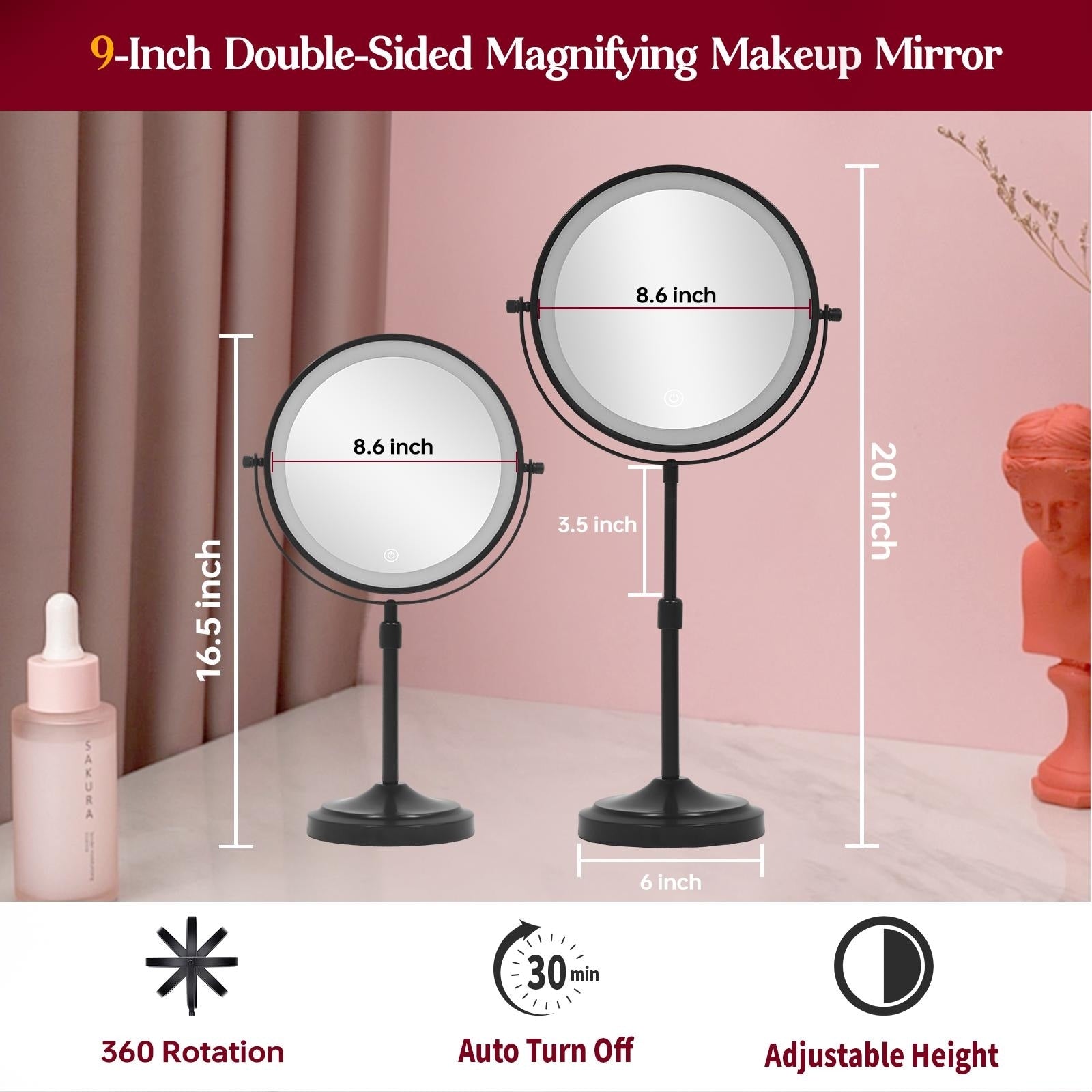 Miroir de maquillage éclairé à 9 LED, miroir grossissant double face avec grossissement 1X/10x, 3 couleurs d'éclairage