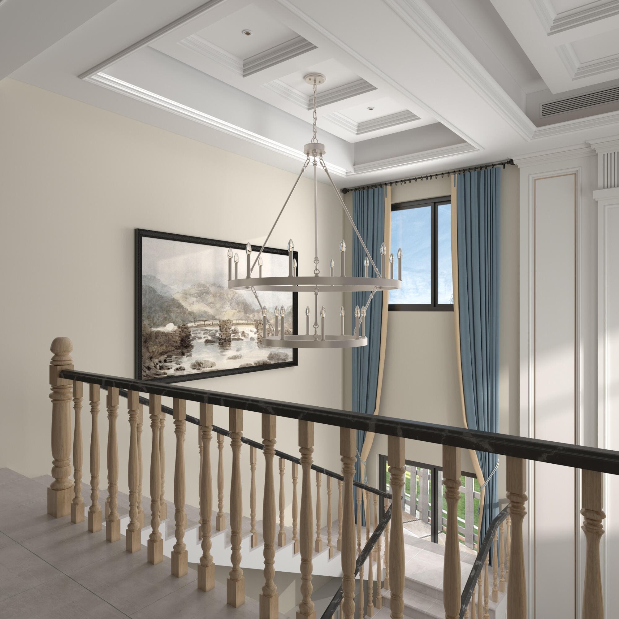 Lustre rond en forme de roue de chariot de style ferme moderne Acroma à 20 lumières de 40 po avec UL