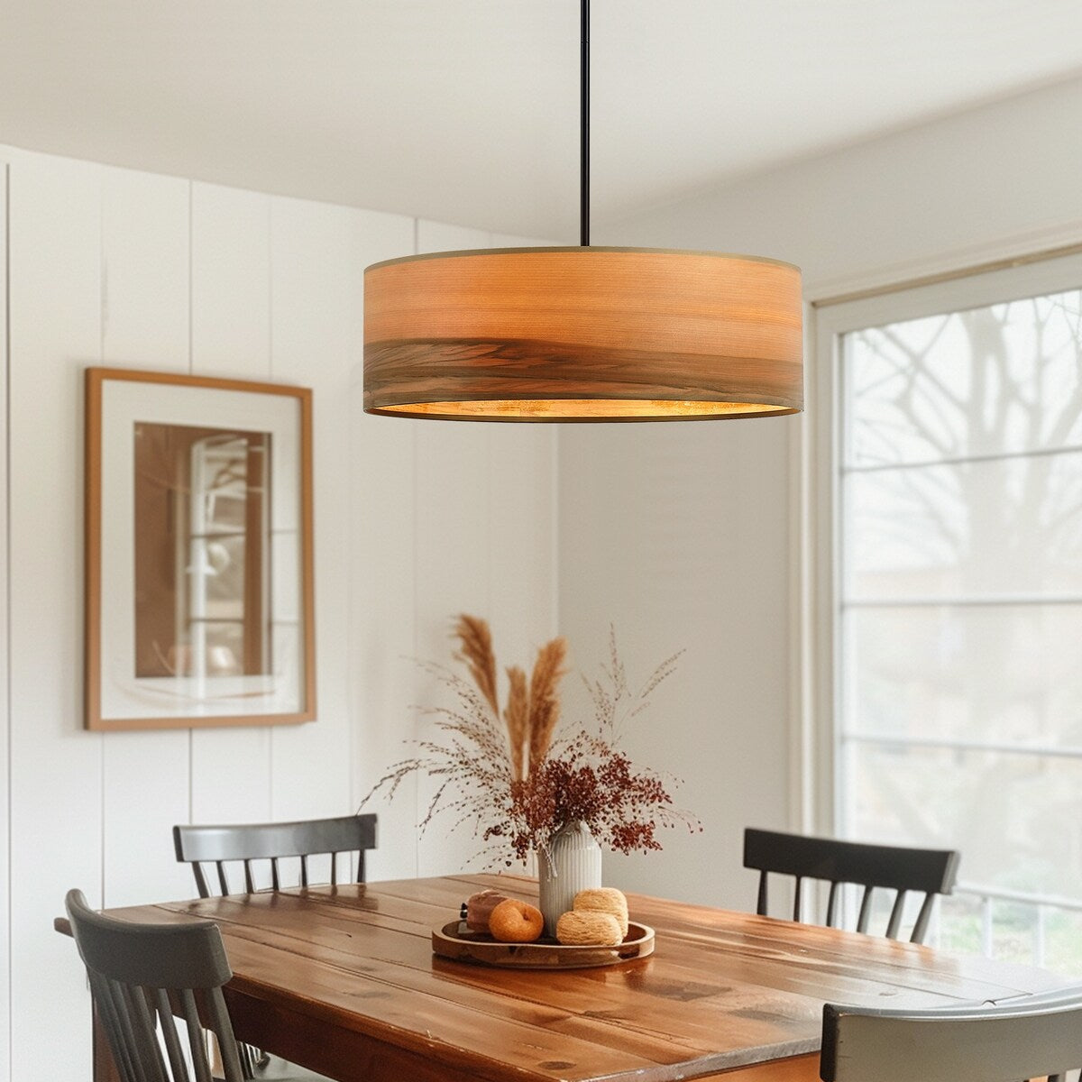 Lustre tambour Breaux à 4 lumières en placage de bois avec auvent noir - 22 po de largeur