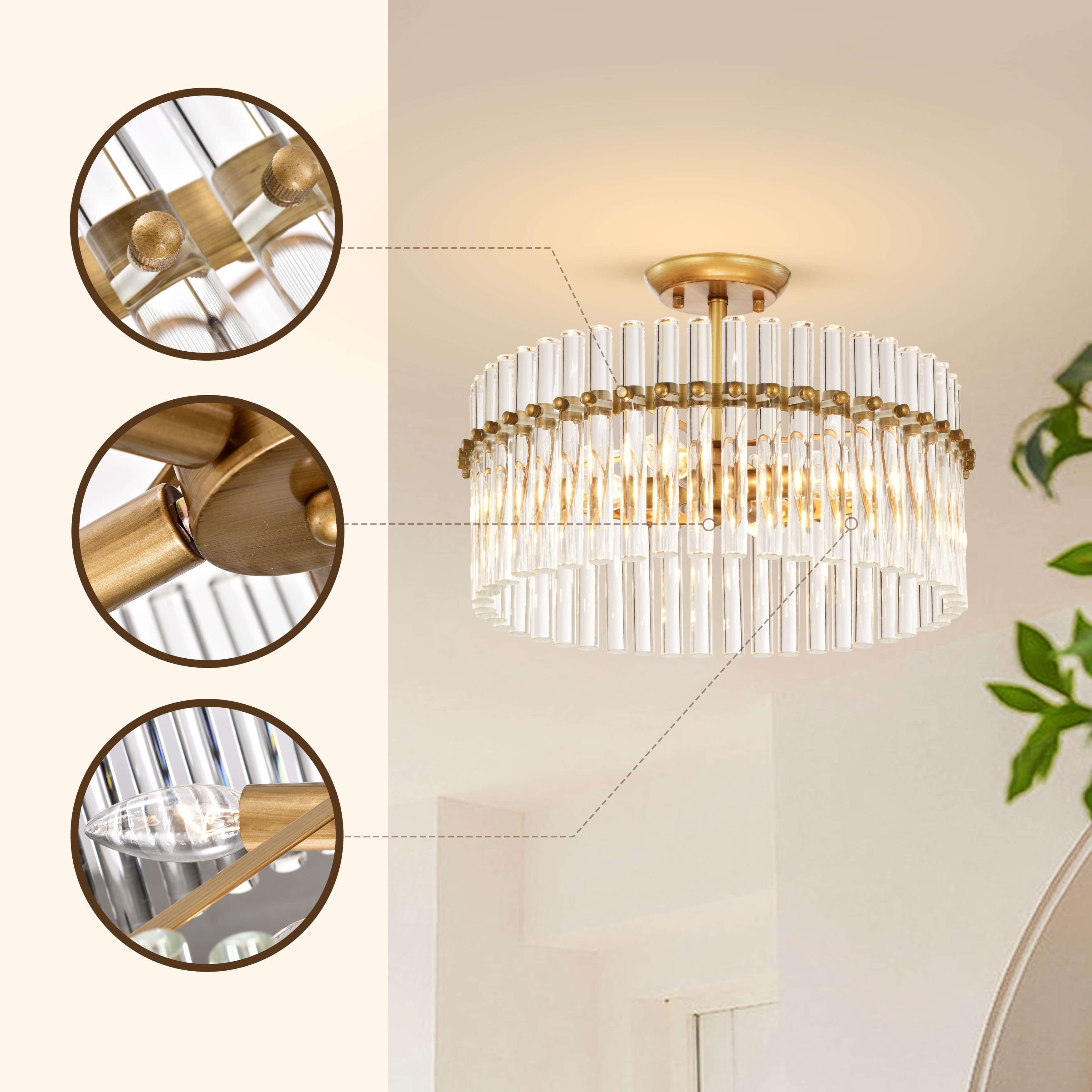 Plafonnier Casandra à 4 lumières en laiton brossé et cristal