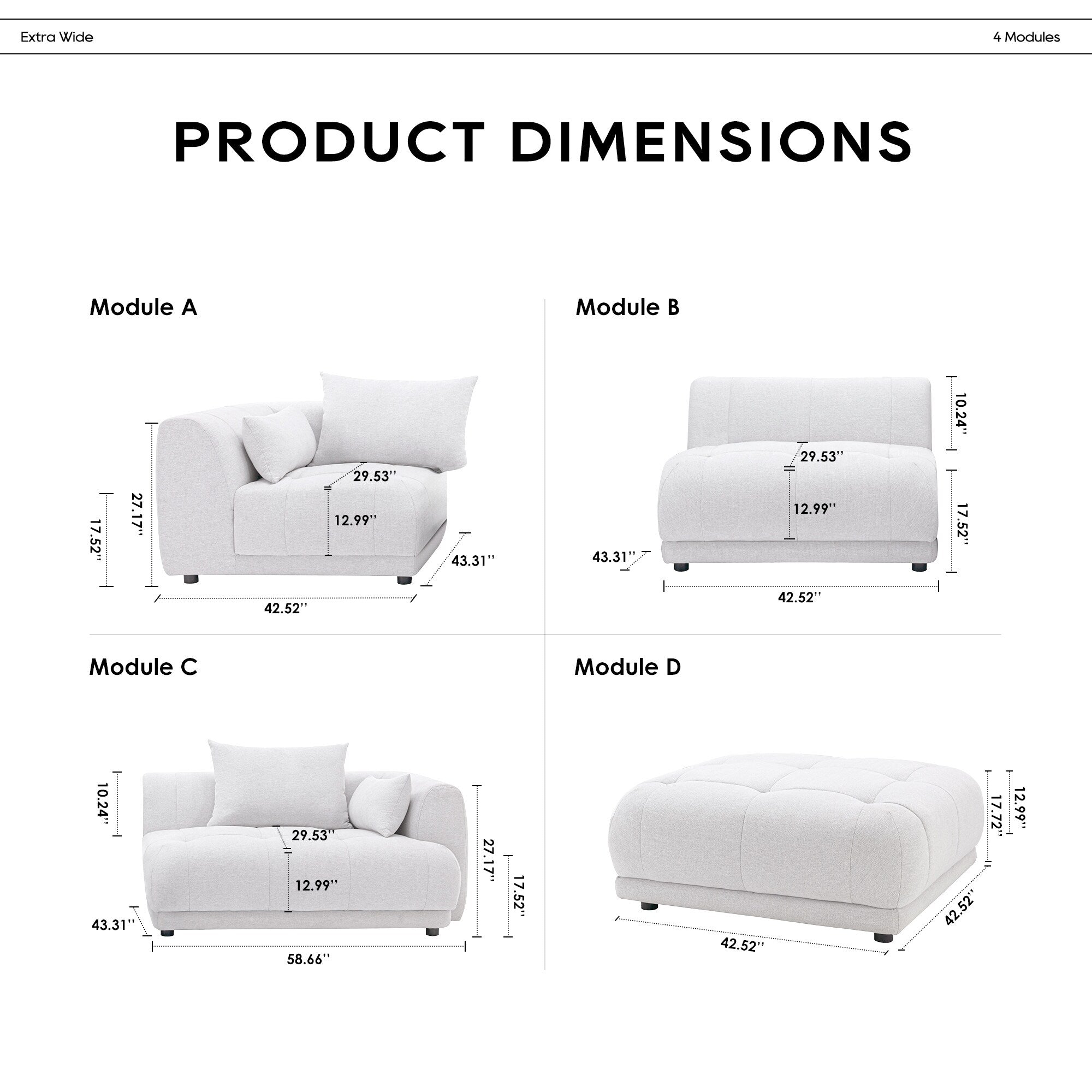 Canapé modulaire Cloud 144 avec pouf - Canapé de salon en tissu chenille moelleux