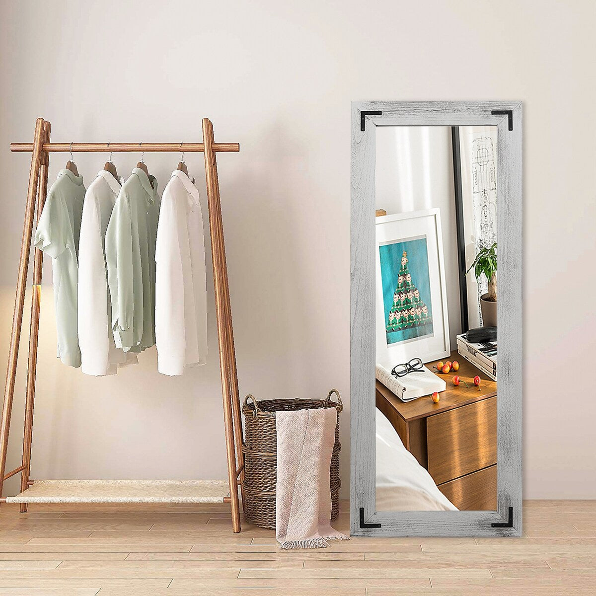 Miroir de sol rustique de style ferme avec cadre en bois - 65 x 24