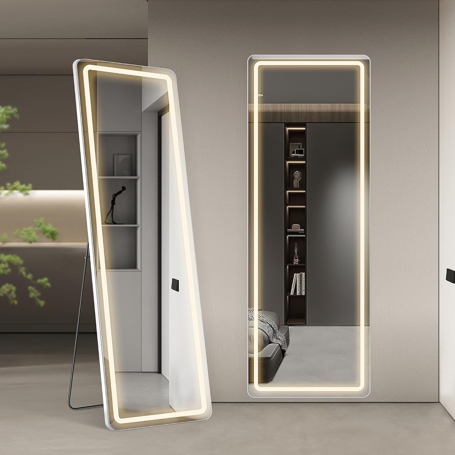 Miroir de sol avec éclairage LED, 64 x 21, miroir pleine longueur avec support, miroir suspendu, miroir mural, miroir intégral