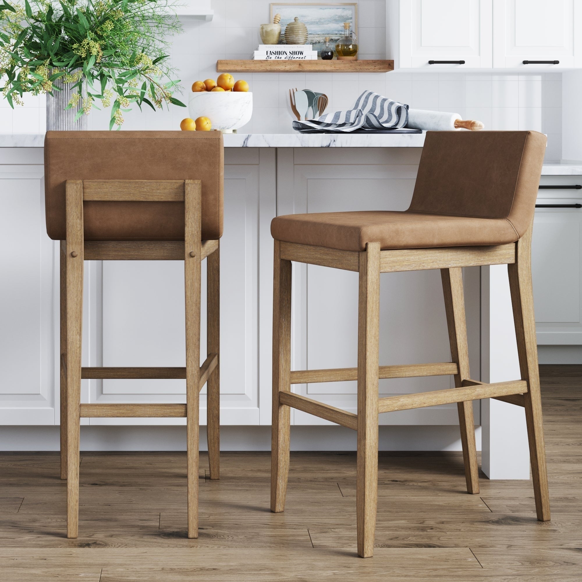 Tabouret de bar moderne Gracie, chaise rembourrée en boucle et pieds en bois brossé