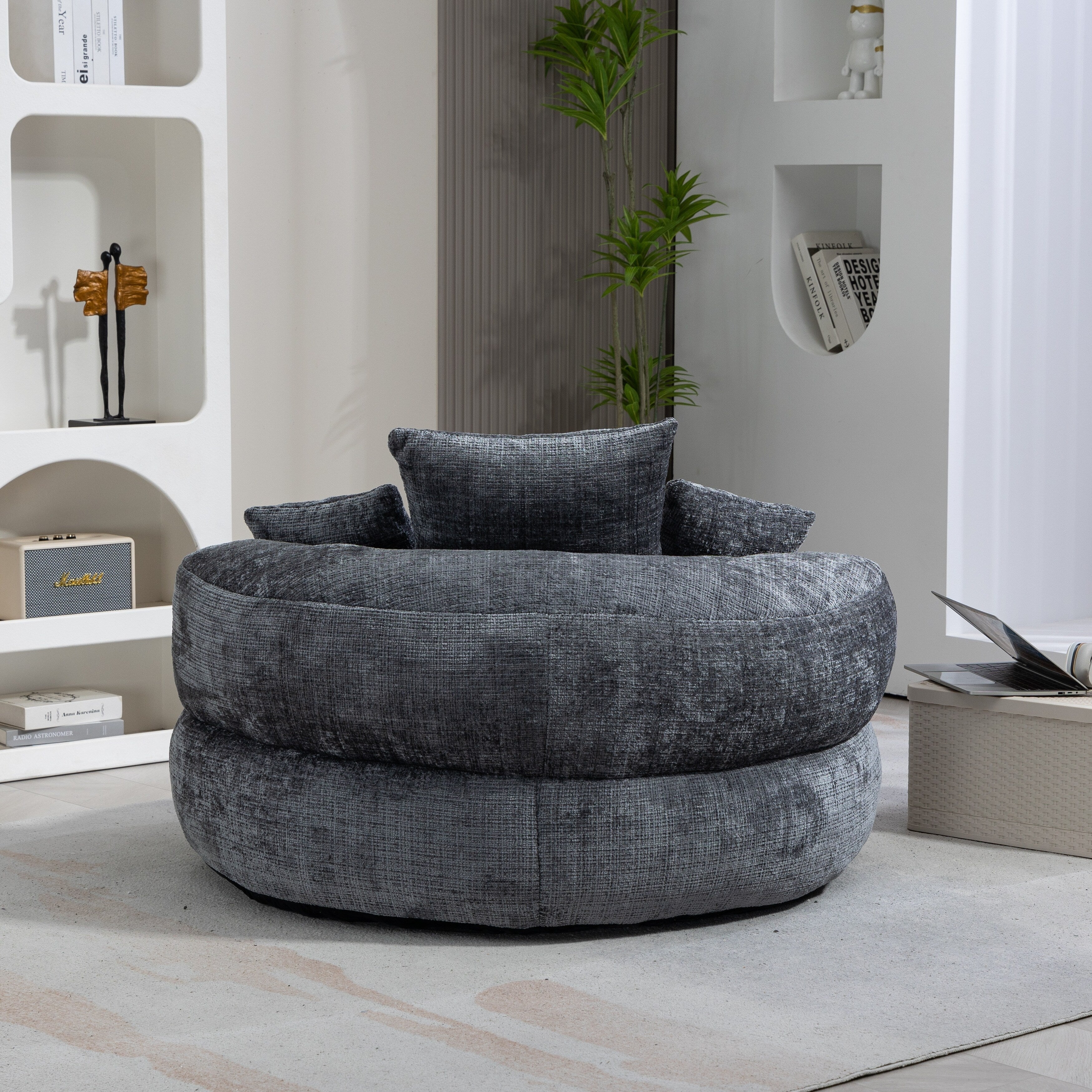 Canapé poire simple gris surdimensionné en chenille de 42,52 pouces avec trois oreillers pour chambre à coucher