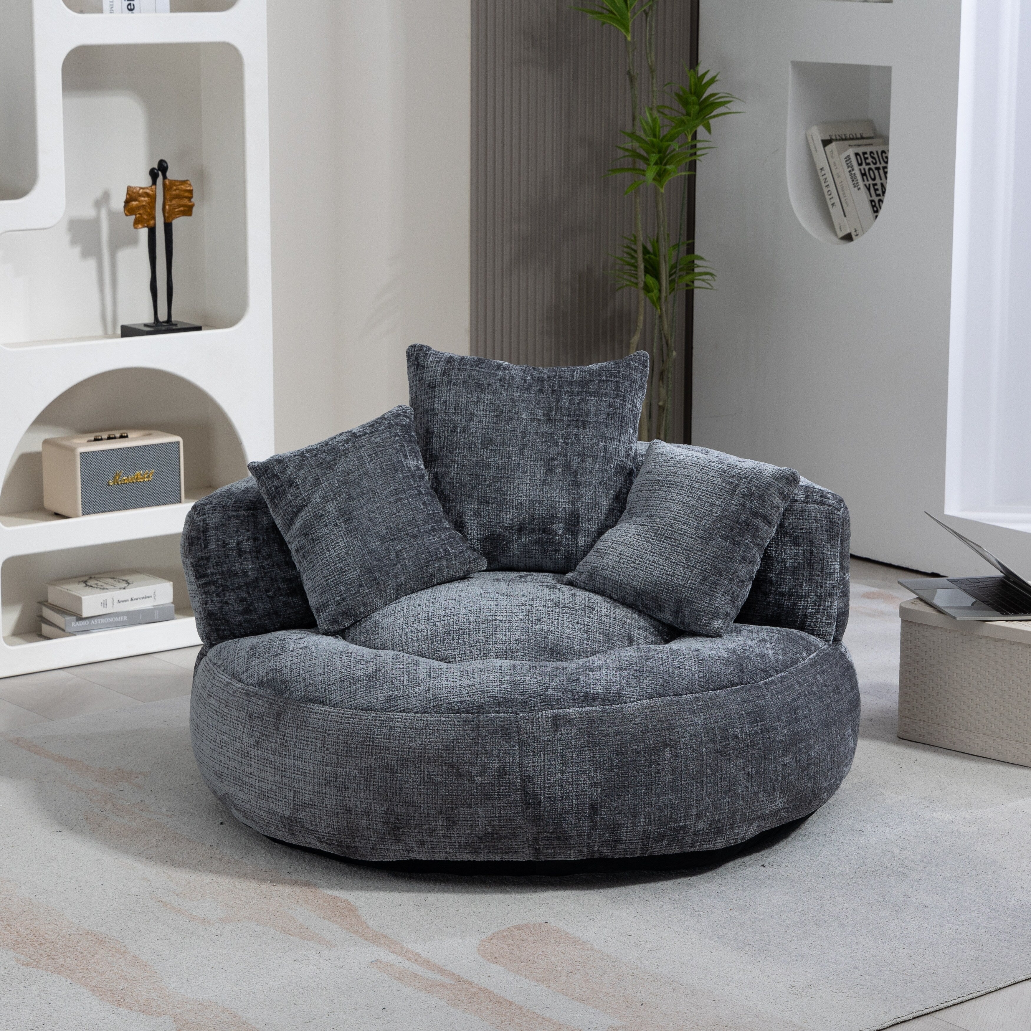 Canapé poire simple gris surdimensionné en chenille de 42,52 pouces avec trois oreillers pour chambre à coucher