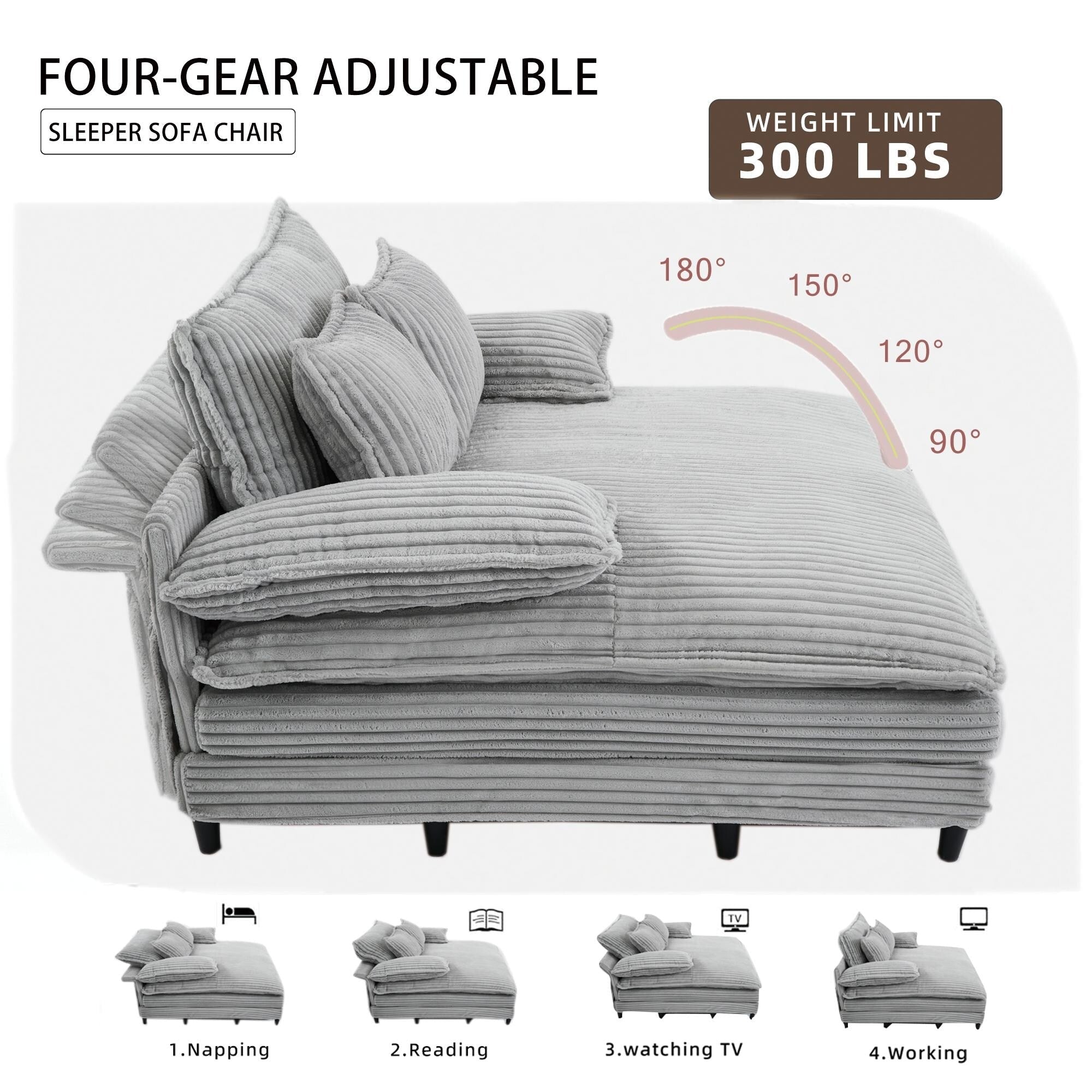 Canapé-lit Harmonia 109 W surdimensionné en velours côtelé, siège profond, double méridienne avec 4 oreillers