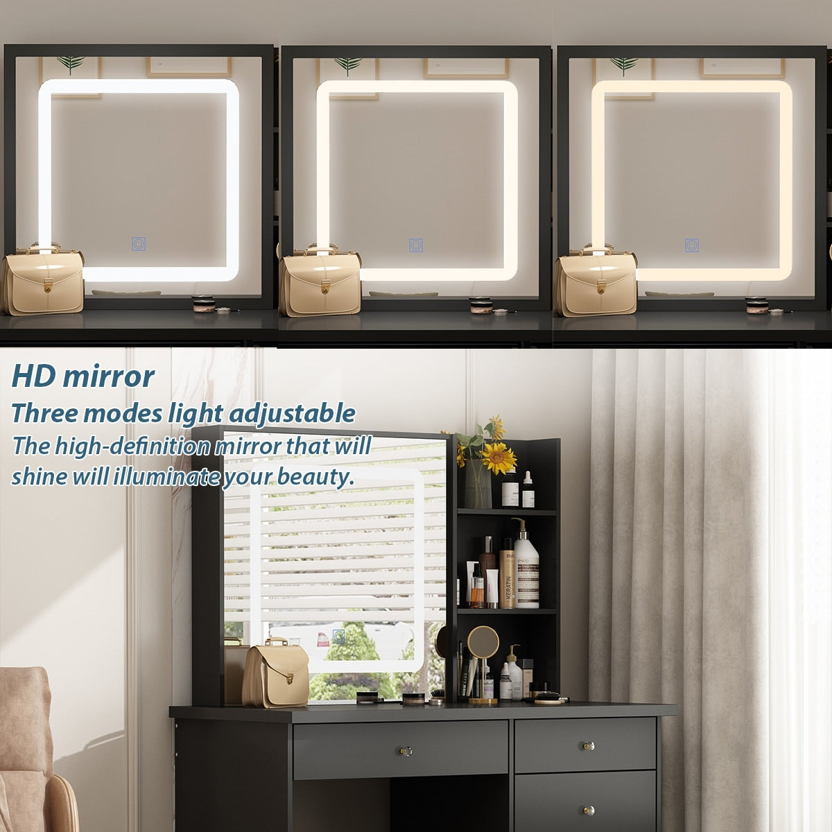 Coiffeuse Kerrogee avec miroir éclairé réglable et tabouret - 39,4 L x 19,7 l x 53,5 H