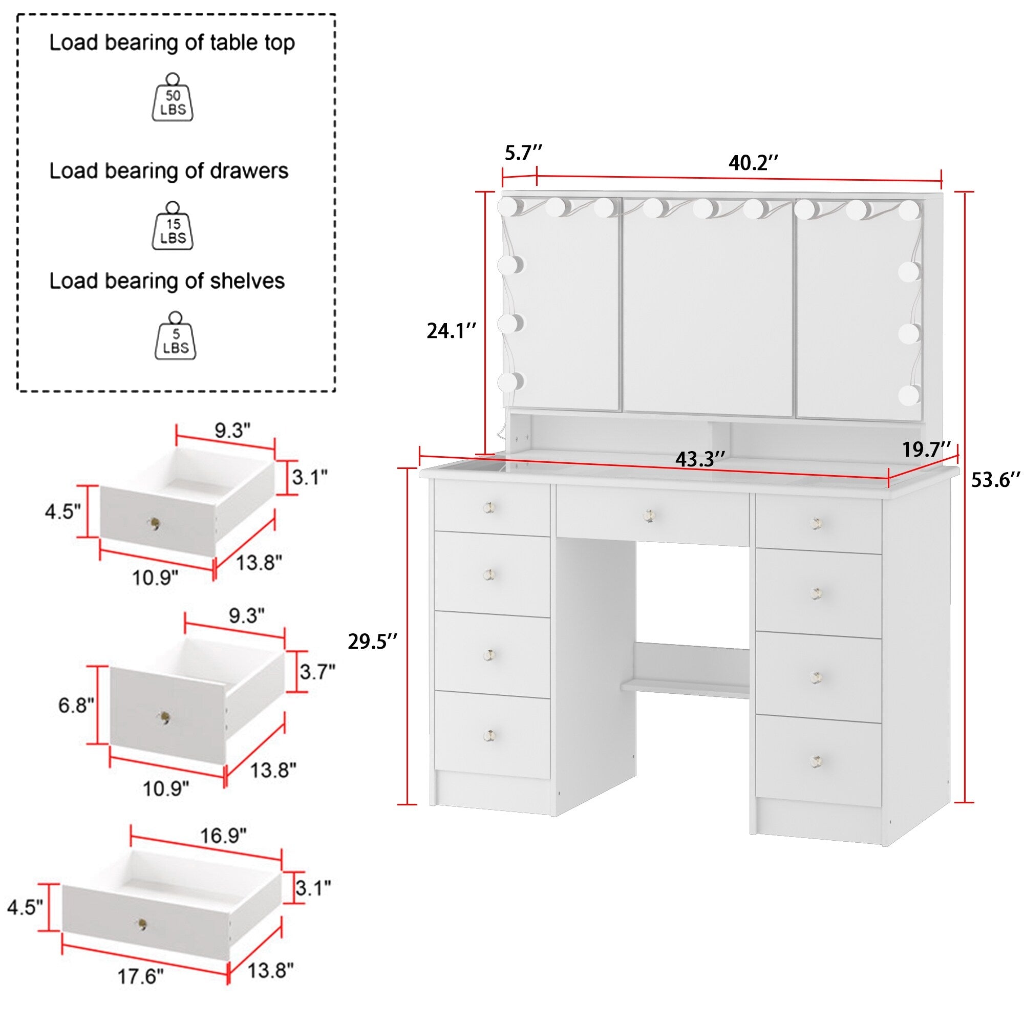 Coiffeuse avec miroir à trois volets et éclairage certifié, plateau en verre