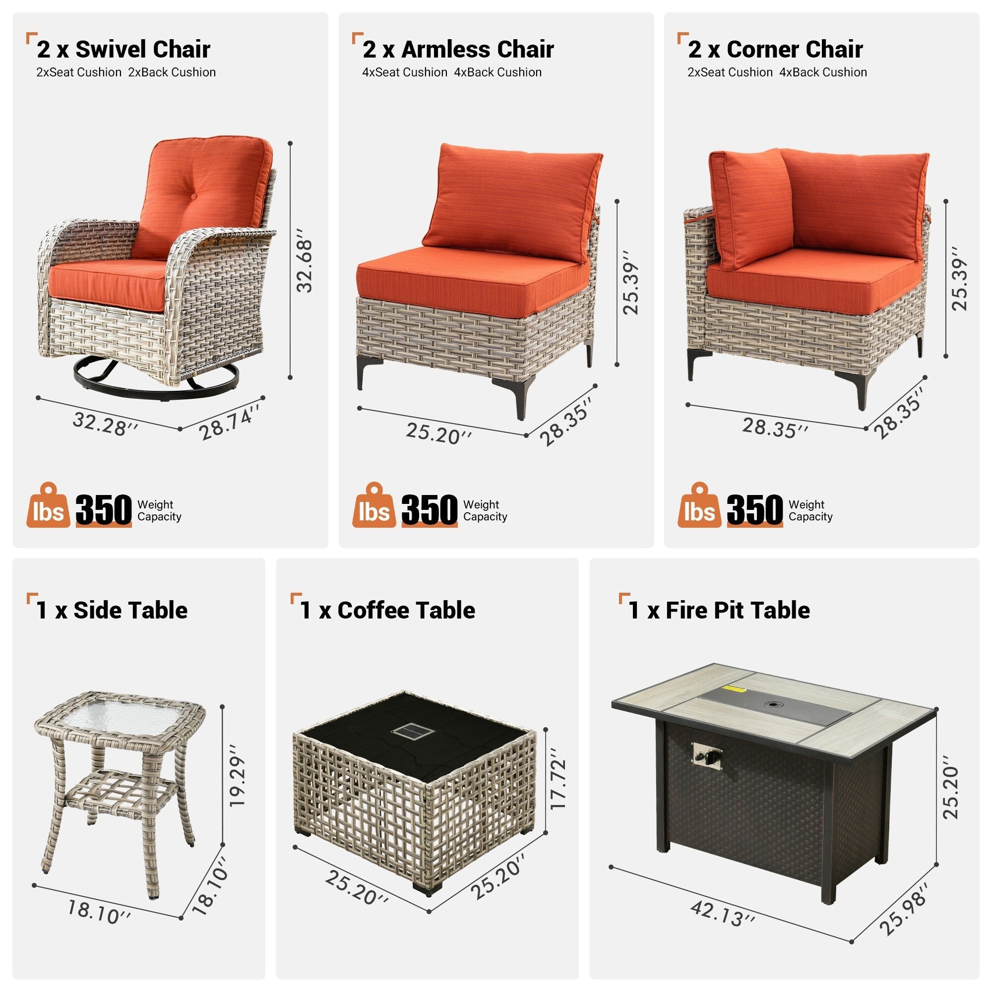 Ensemble de 9 chaises pivotantes d'extérieur en osier OVIOS avec table à feu