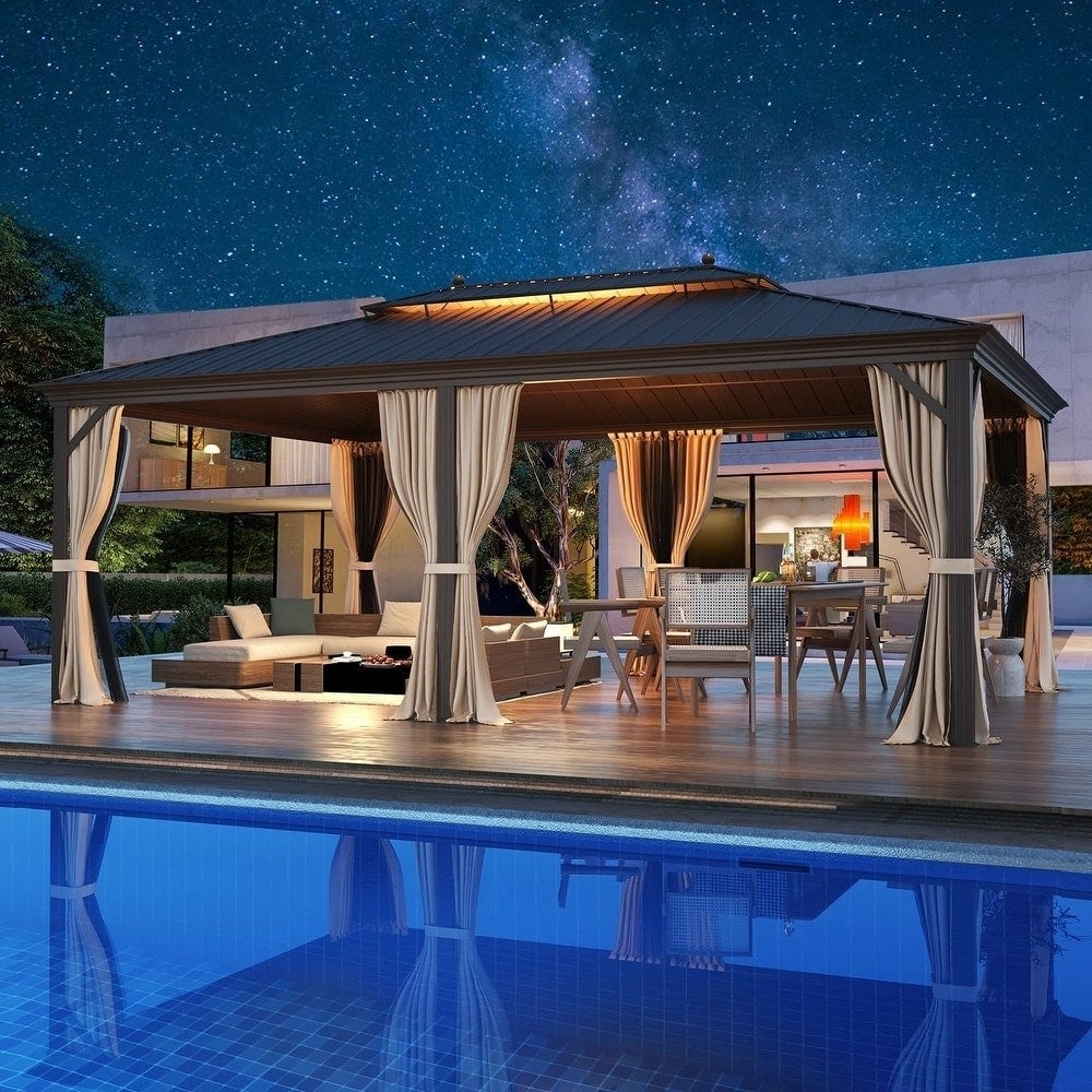 Tonnelle d'extérieur à toit rigide avec double toit en acier galvanisé et cadre en aluminium, pergola extérieure avec rideaux et filets haut de gamme