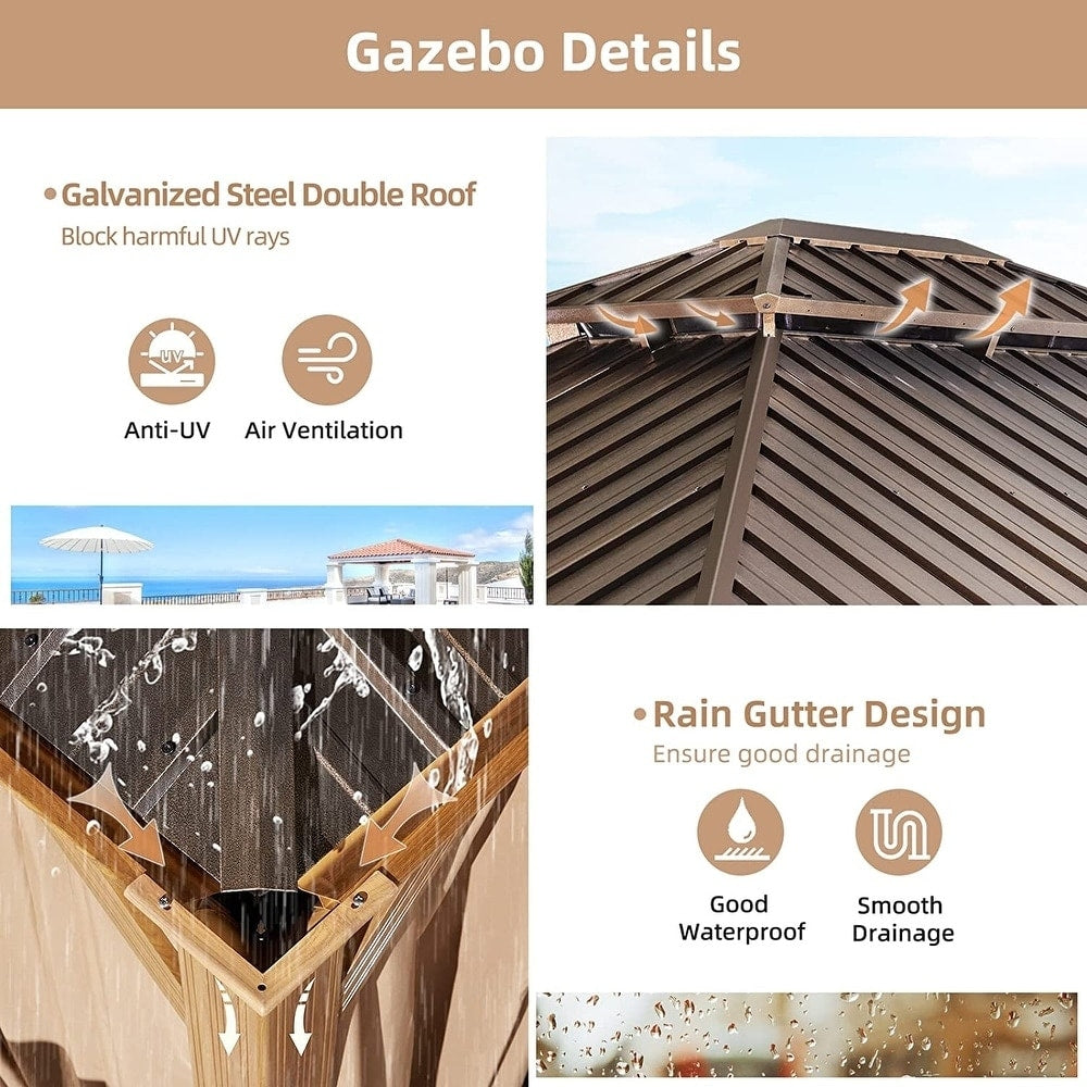 Tonnelle d'extérieur à toit rigide avec double toit en acier galvanisé et cadre en aluminium, pergola extérieure avec rideaux et filets haut de gamme