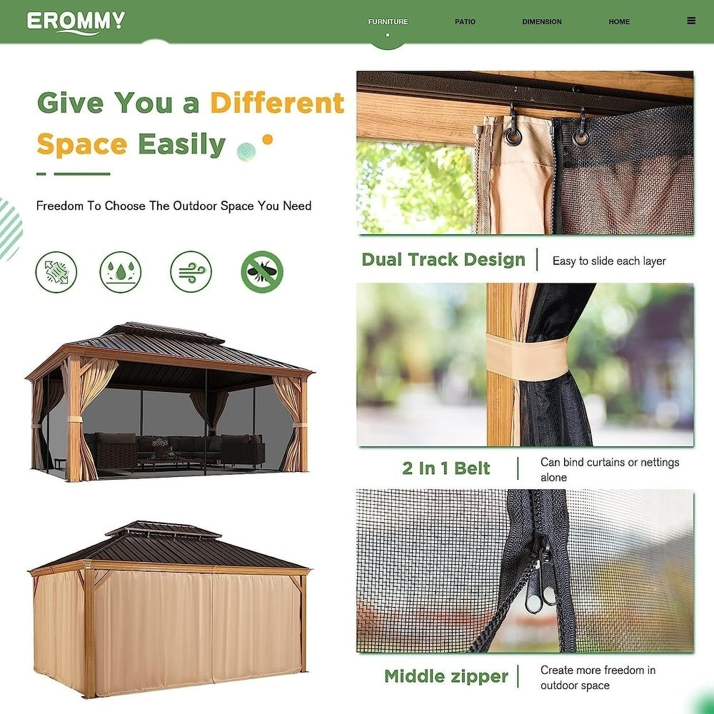 Tonnelle d'extérieur à toit rigide avec double toit en acier galvanisé et cadre en aluminium, pergola extérieure avec rideaux et filets haut de gamme