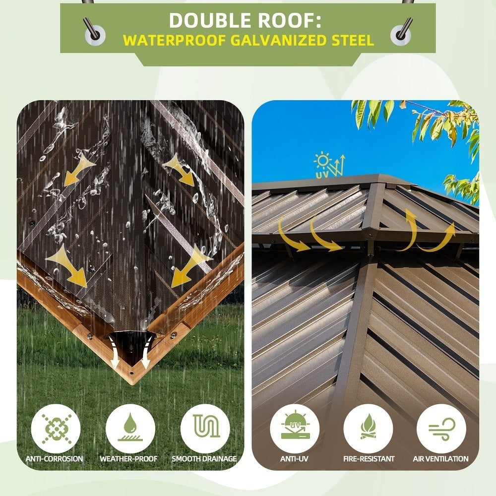 Tonnelle d'extérieur à toit rigide avec double toit en acier galvanisé et cadre en aluminium, pergola extérieure avec rideaux et filets haut de gamme
