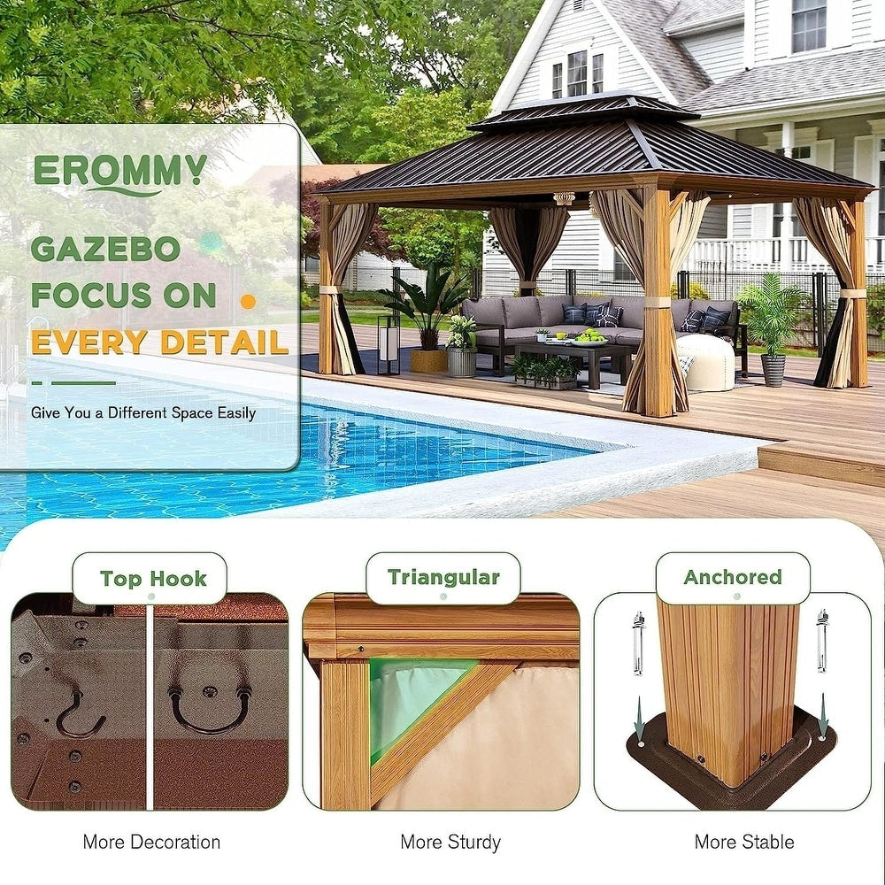 Tonnelle d'extérieur à toit rigide avec double toit en acier galvanisé et cadre en aluminium, pergola extérieure avec rideaux et filets haut de gamme