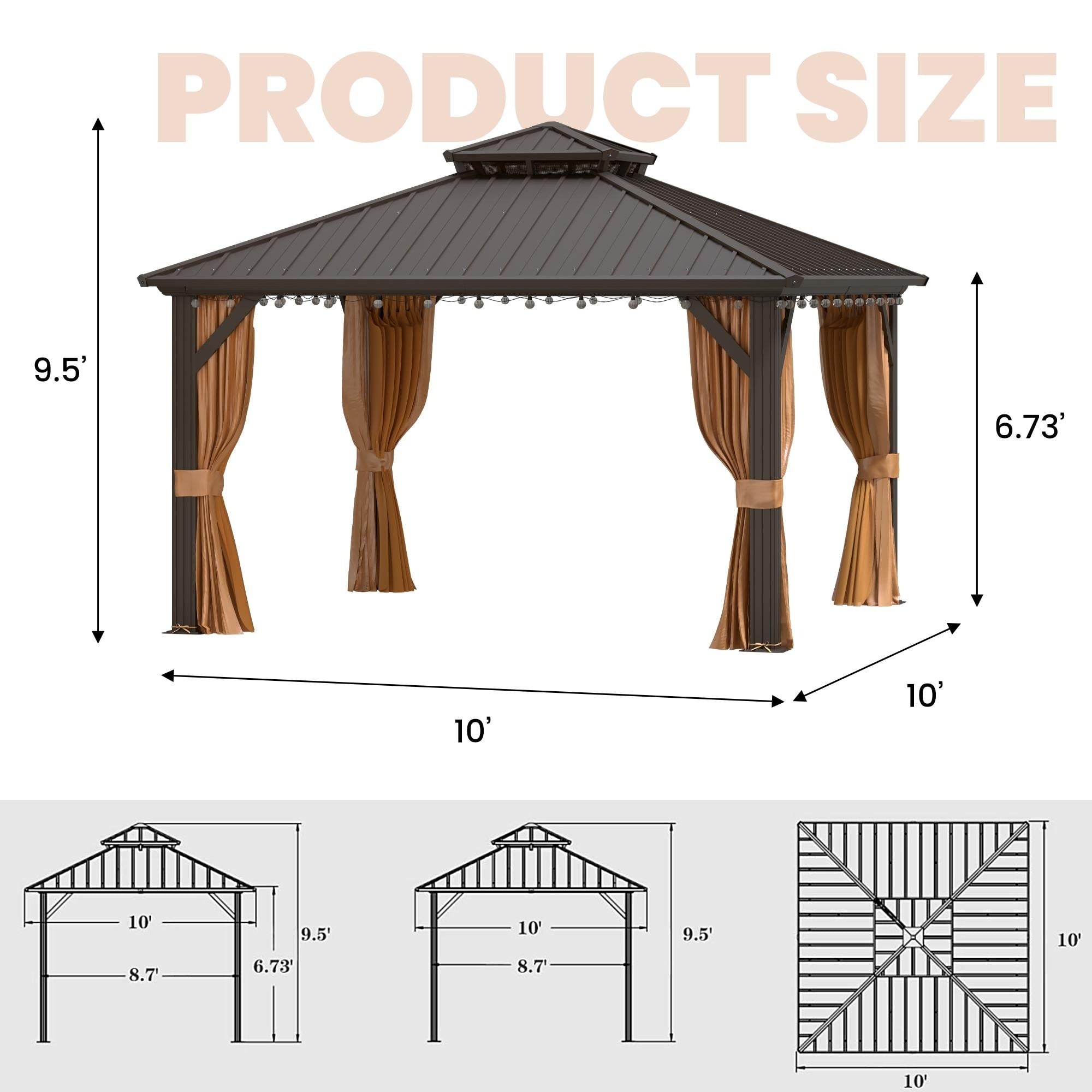 Tonnelle d'extérieur à toit rigide avec double toit en acier galvanisé et cadre en aluminium, pergola extérieure avec rideaux et filets haut de gamme