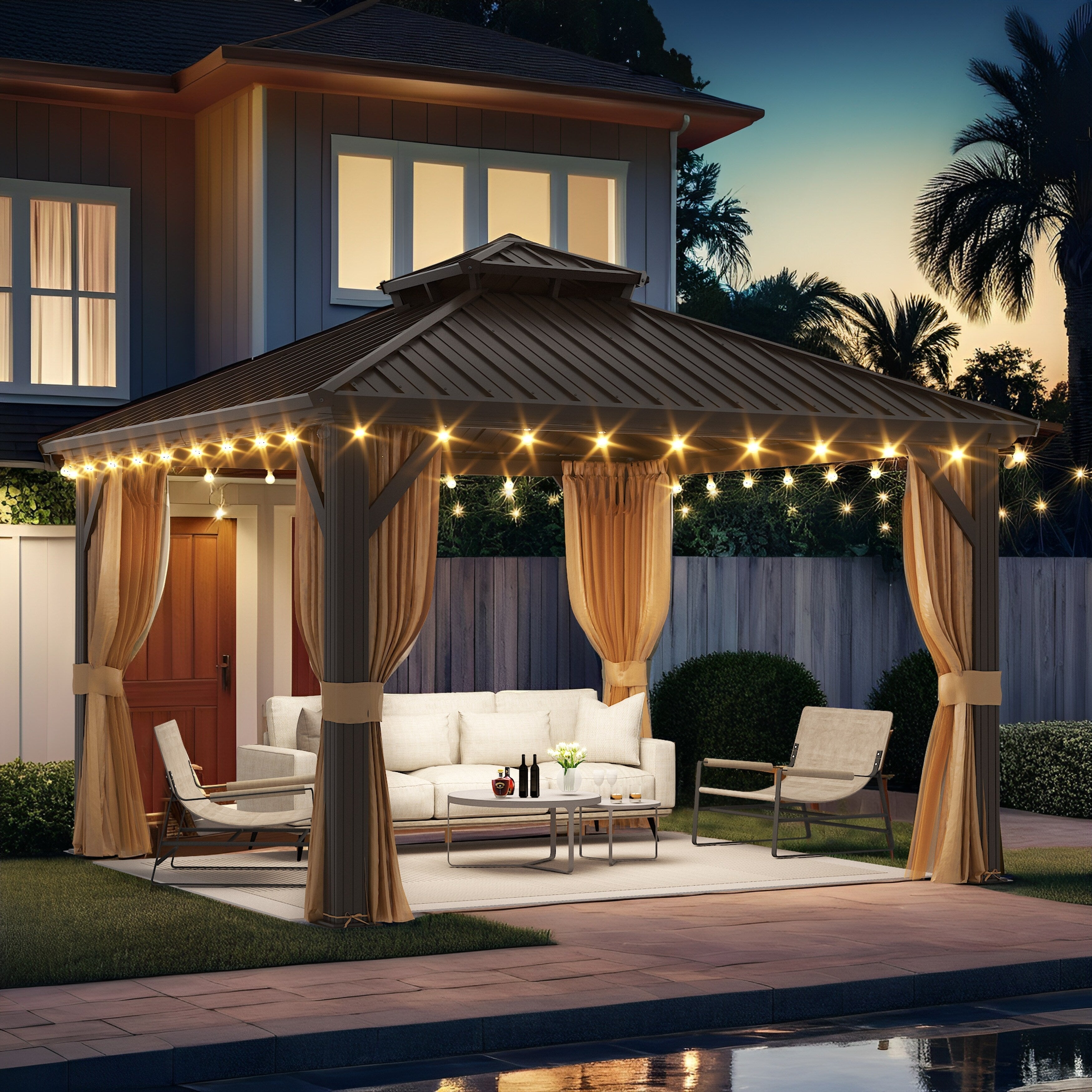 Tonnelle d'extérieur à toit rigide avec double toit en acier galvanisé et cadre en aluminium, pergola extérieure avec rideaux et filets haut de gamme