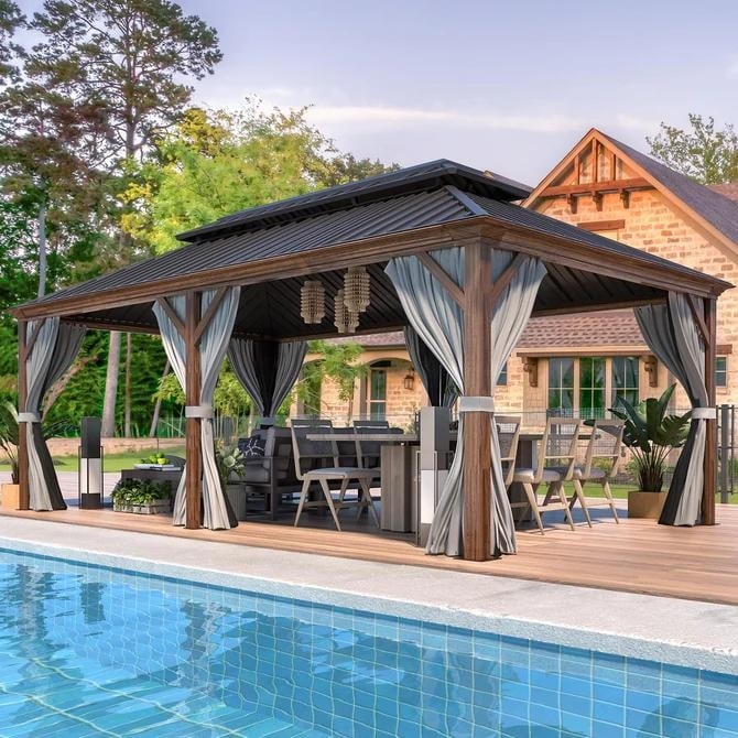 Tonnelle d'extérieur à toit rigide avec double toit en acier galvanisé et cadre en aluminium, pergola extérieure avec rideaux et filets haut de gamme