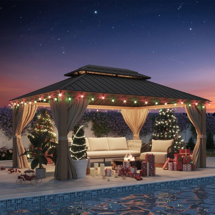 Tonnelle d'extérieur à toit rigide avec double toit en acier galvanisé et cadre en aluminium, pergola extérieure avec rideaux et filets haut de gamme