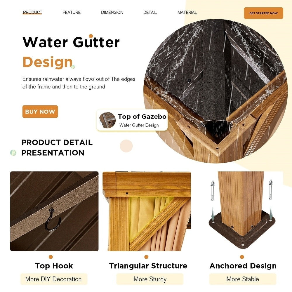 Tonnelle d'extérieur à toit rigide avec double toit en acier galvanisé et cadre en aluminium, pergola extérieure avec rideaux et filets haut de gamme