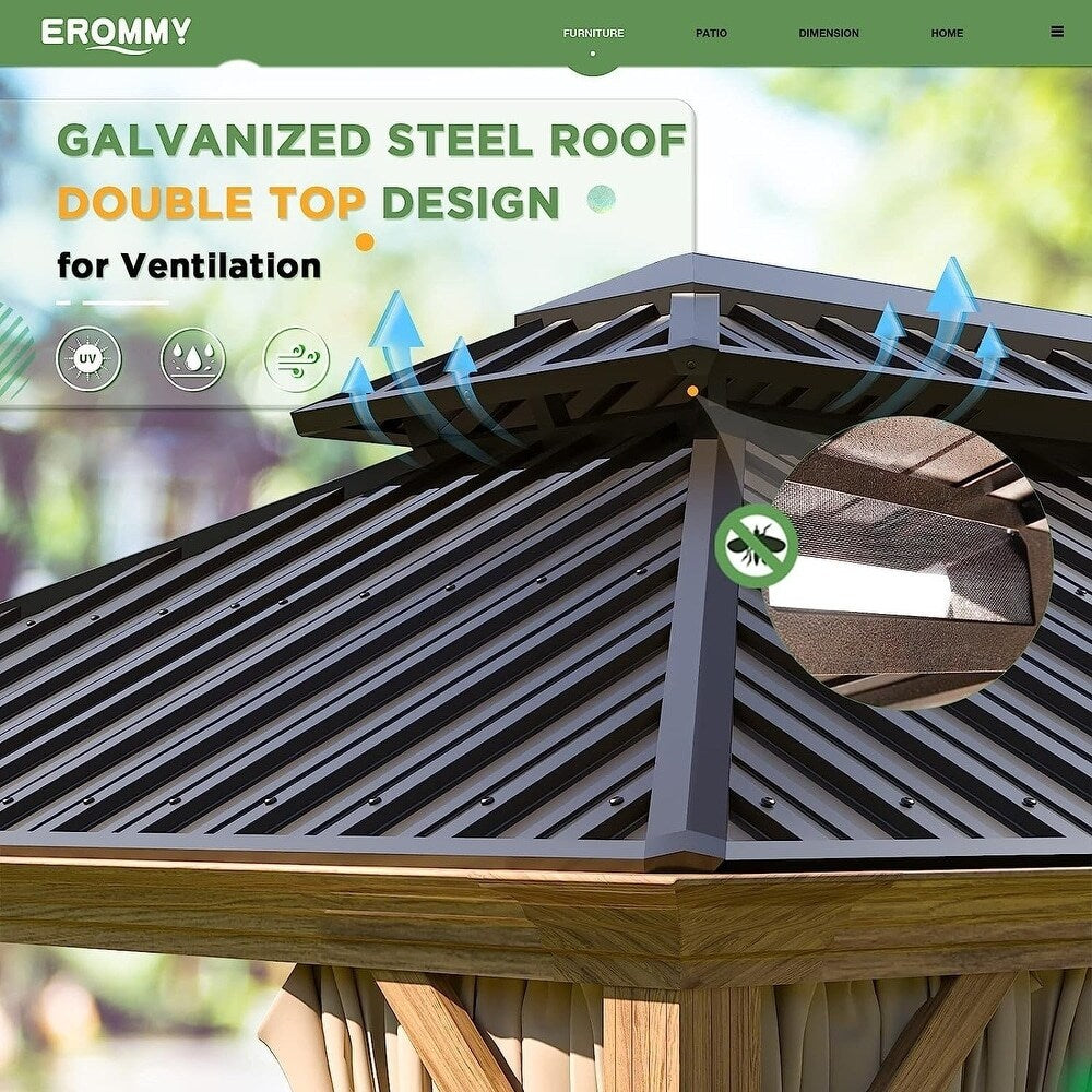 Tonnelle d'extérieur à toit rigide avec double toit en acier galvanisé et cadre en aluminium, pergola extérieure avec rideaux et filets haut de gamme