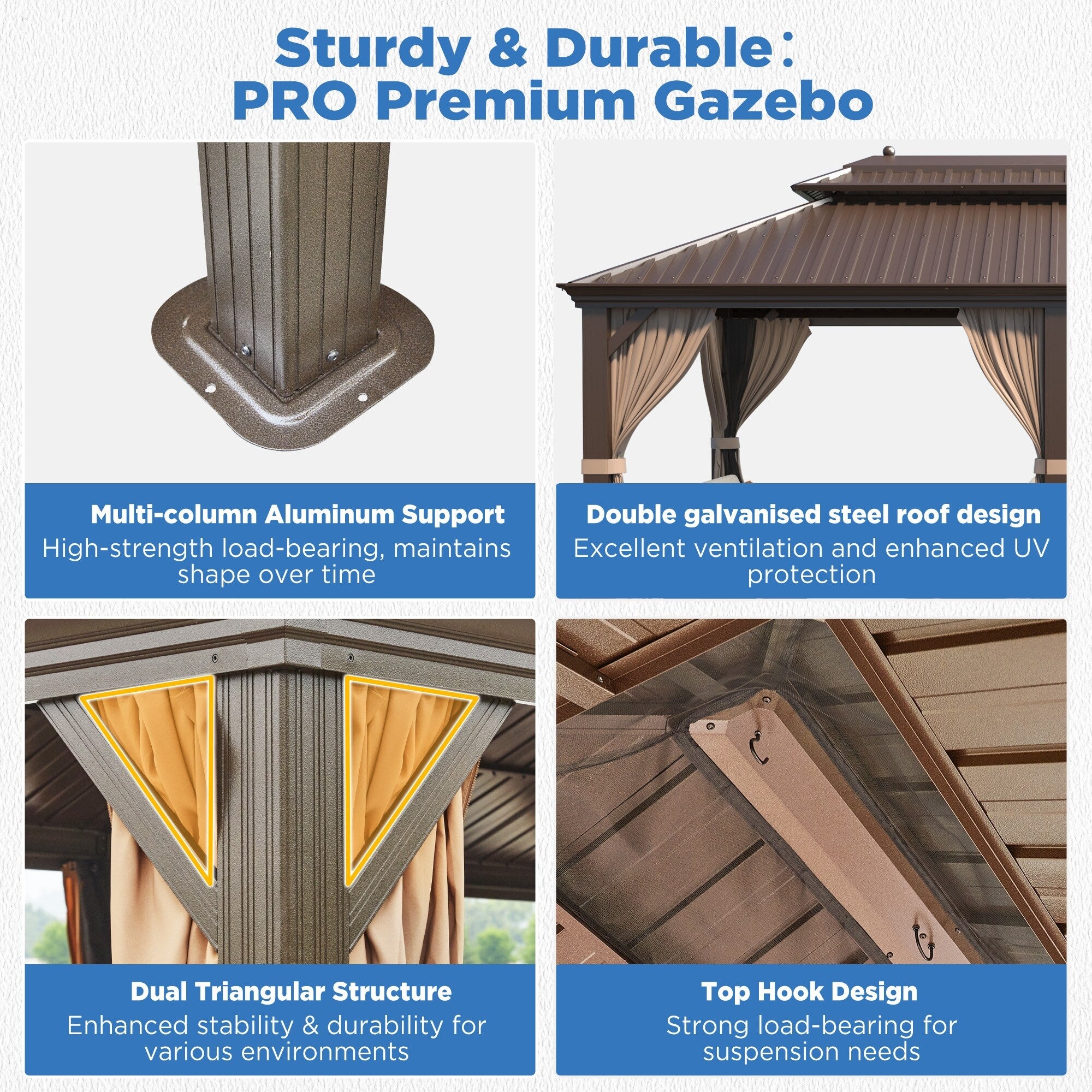 Tonnelle d'extérieur à toit rigide avec double toit en acier galvanisé et cadre en aluminium, pergola extérieure avec rideaux et filets haut de gamme