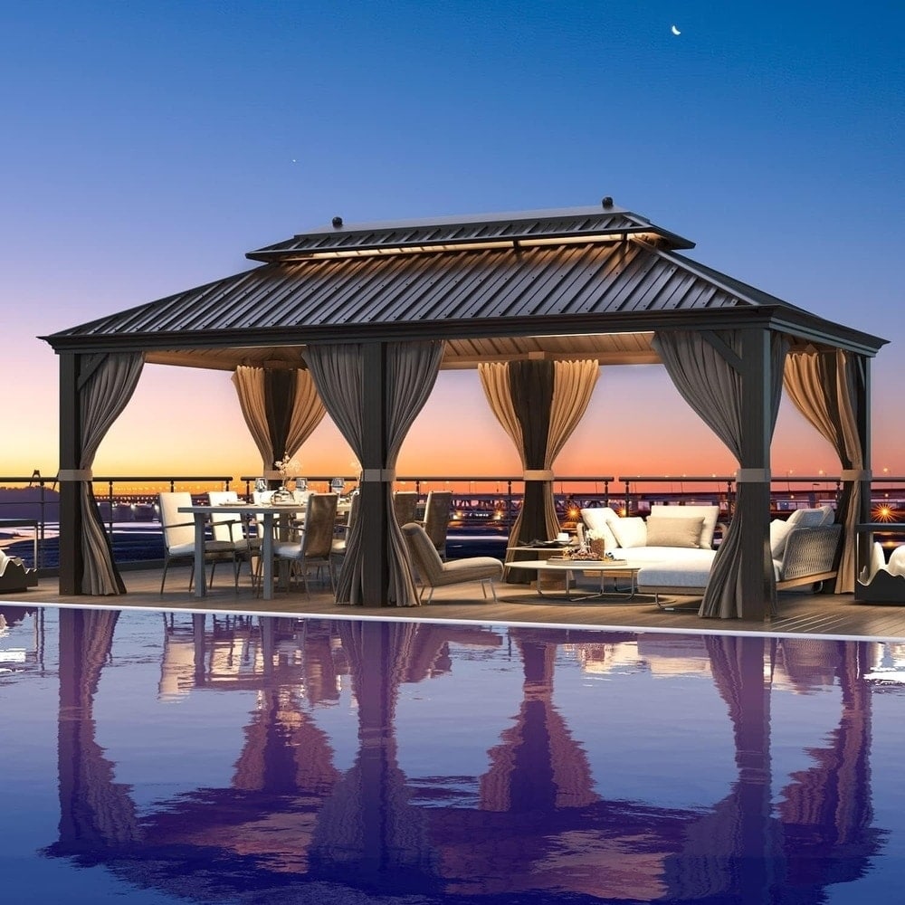 Tonnelle d'extérieur à toit rigide avec double toit en acier galvanisé et cadre en aluminium, pergola extérieure avec rideaux et filets haut de gamme