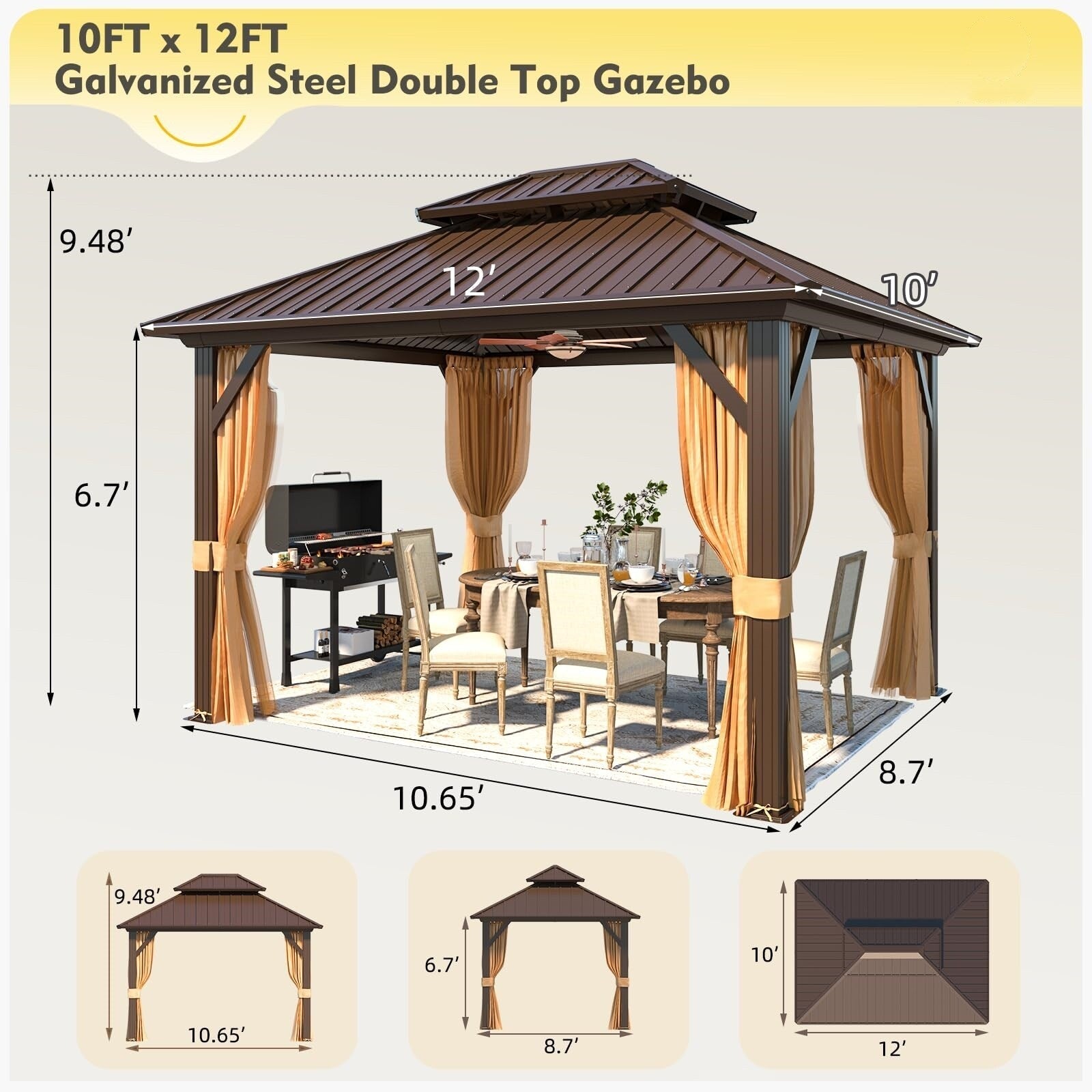 Tonnelle d'extérieur à toit rigide avec double toit en acier galvanisé et cadre en aluminium, pergola extérieure avec rideaux et filets haut de gamme