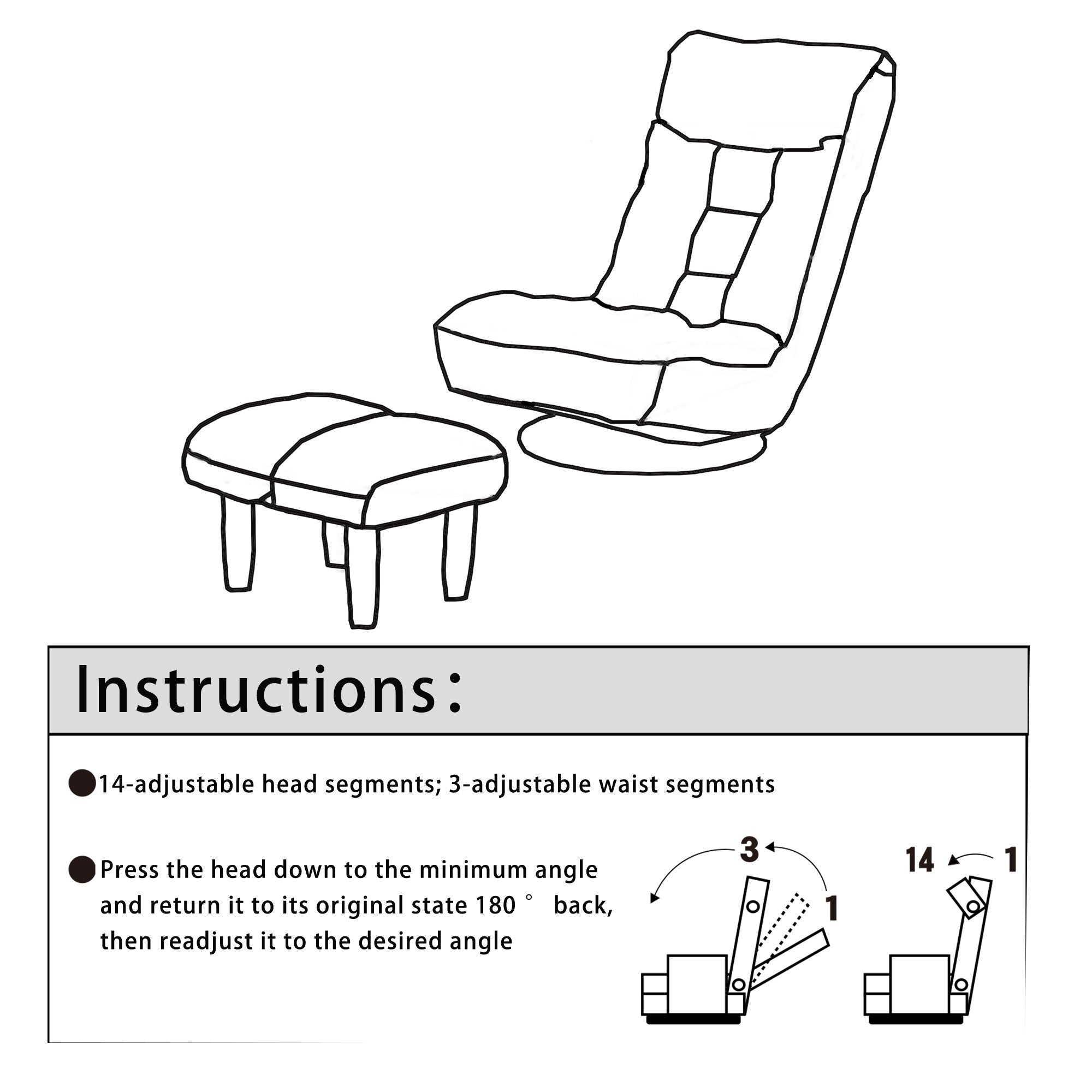 Ensemble de fauteuil inclinable rembourré sans accoudoirs avec pouf et appui-tête réglable