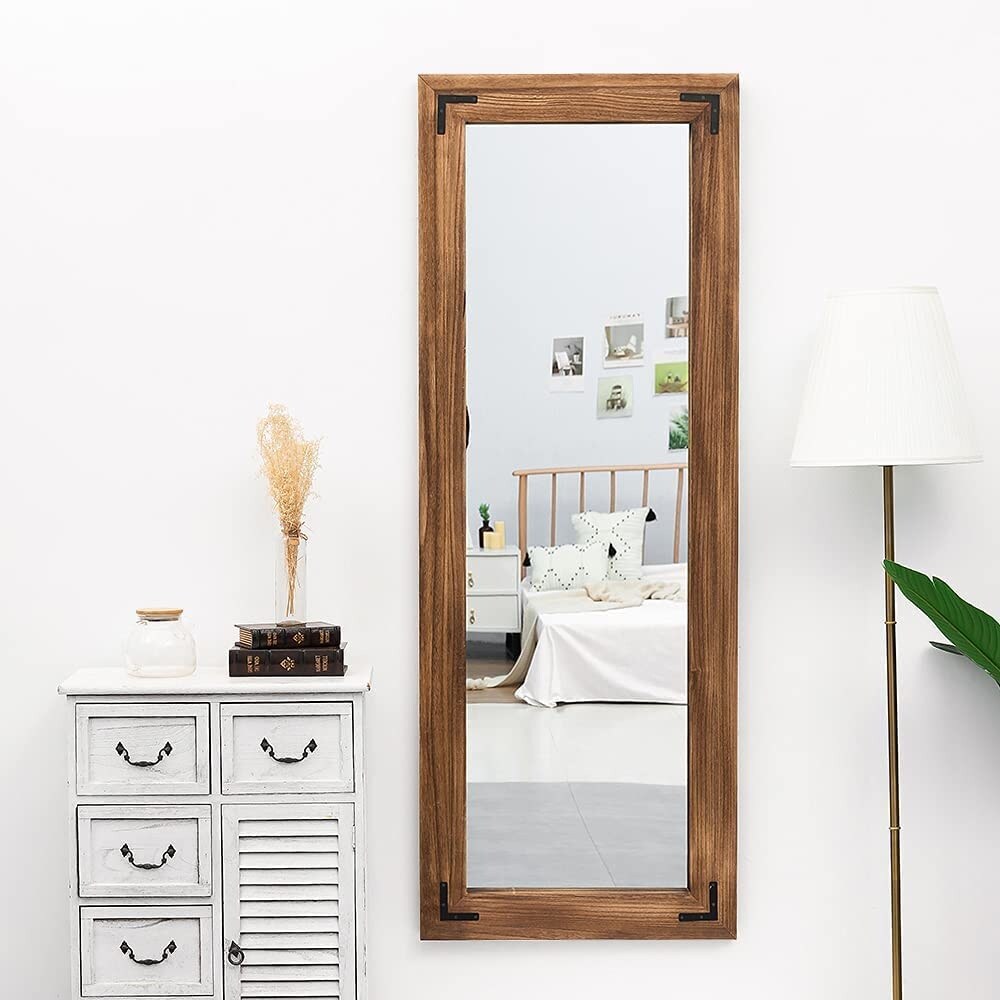 Miroir de sol rustique de style ferme avec cadre en bois - 65 x 24