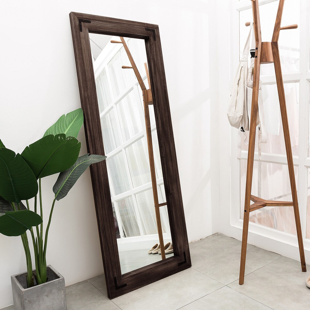 Miroir de sol rustique de style ferme avec cadre en bois - 65 x 24