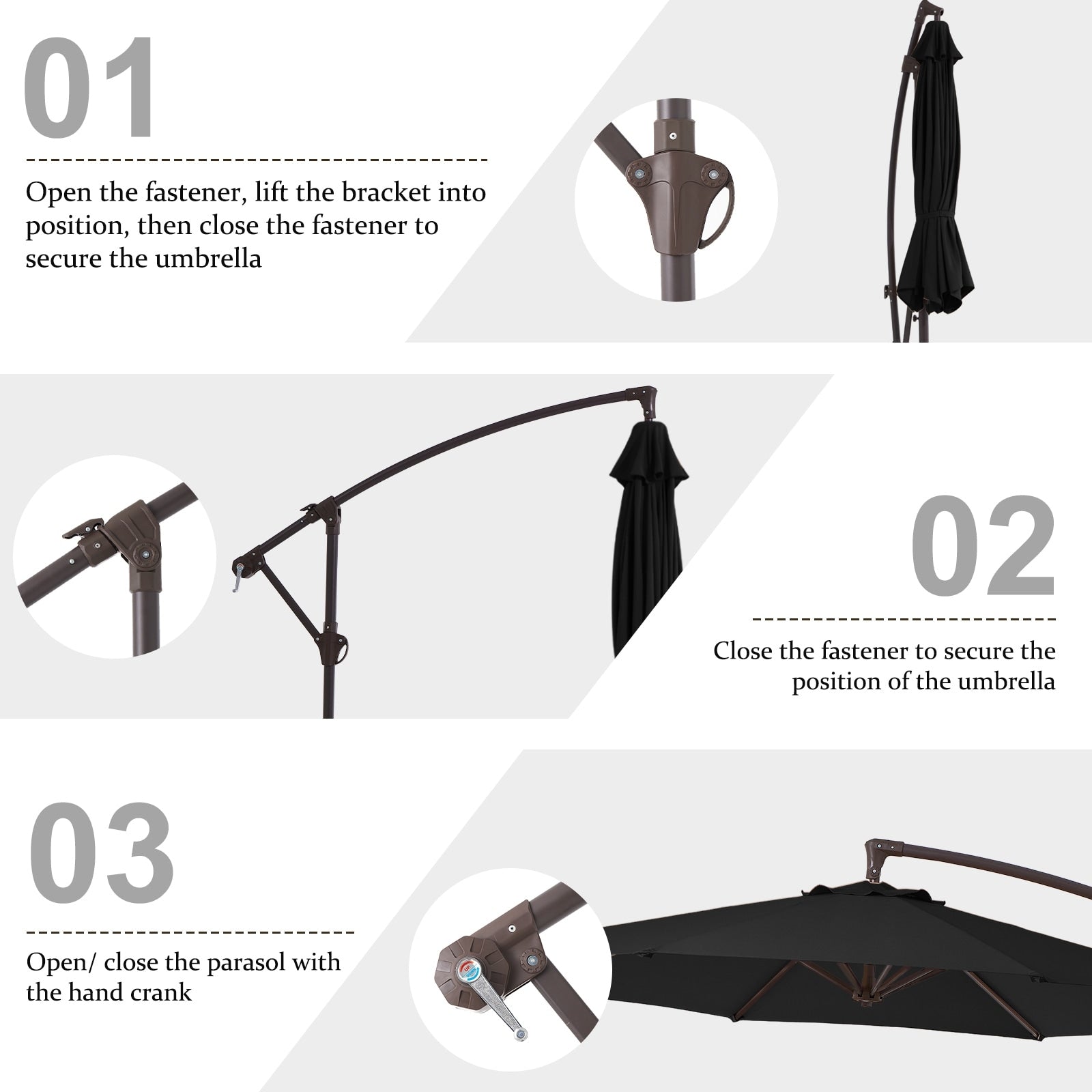 Parasol déporté suspendu à manivelle en acier de 3 m