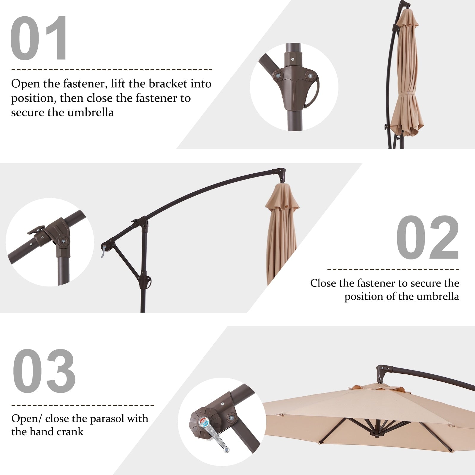 Parasol déporté suspendu à manivelle en acier de 3 m