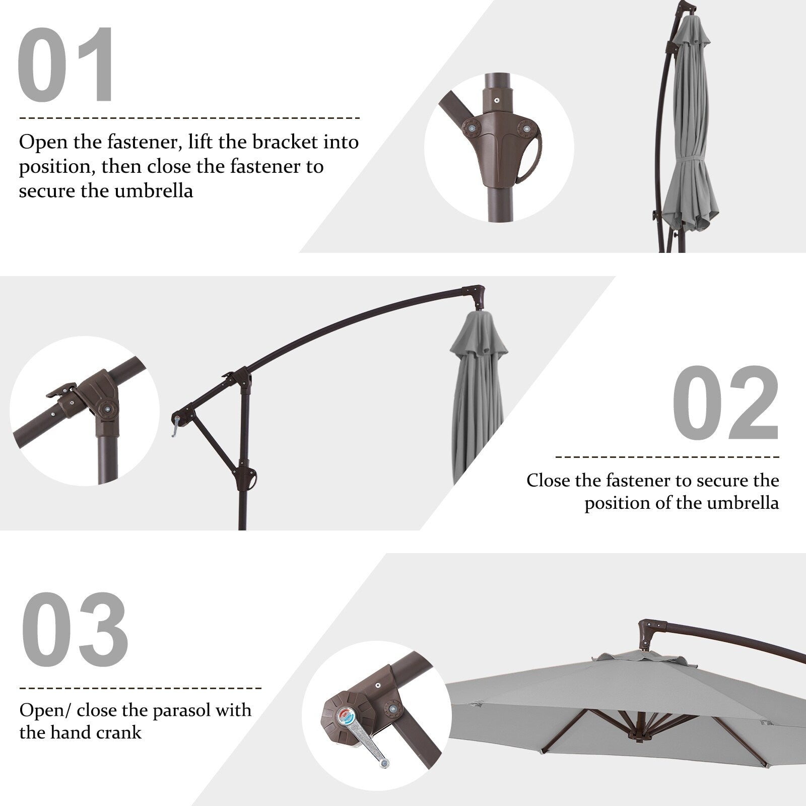 Parasol déporté suspendu à manivelle en acier de 3 m