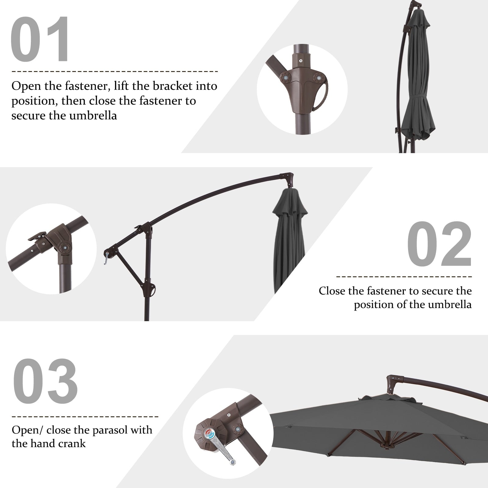 Parasol déporté suspendu à manivelle en acier de 3 m