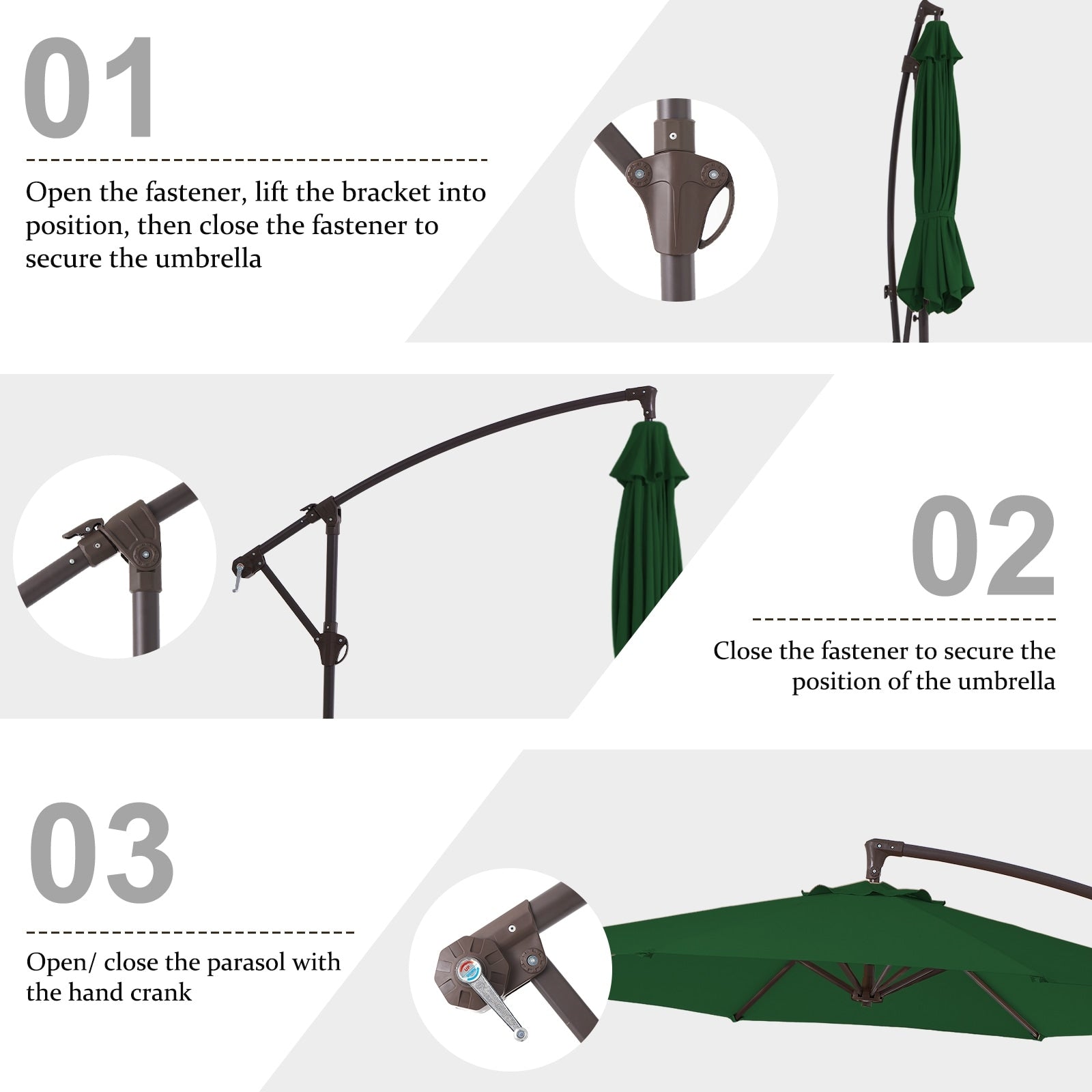 Parasol déporté suspendu à manivelle en acier de 3 m